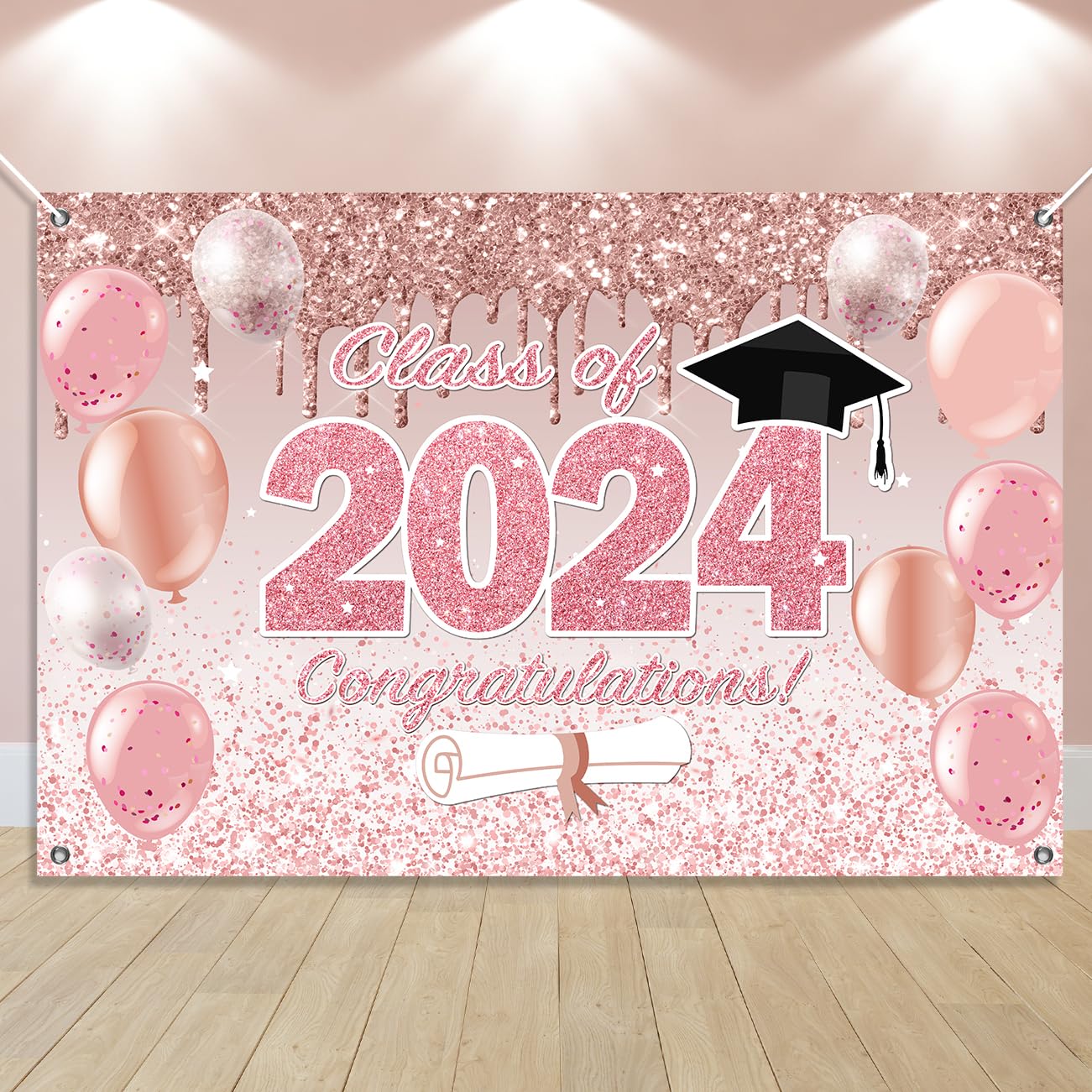 Pink Graduation Decorations Class Of 2024, Pink Rose Gold Graduation Backdrop, Class Of 2024 Banner Supplies For Pink Graduation