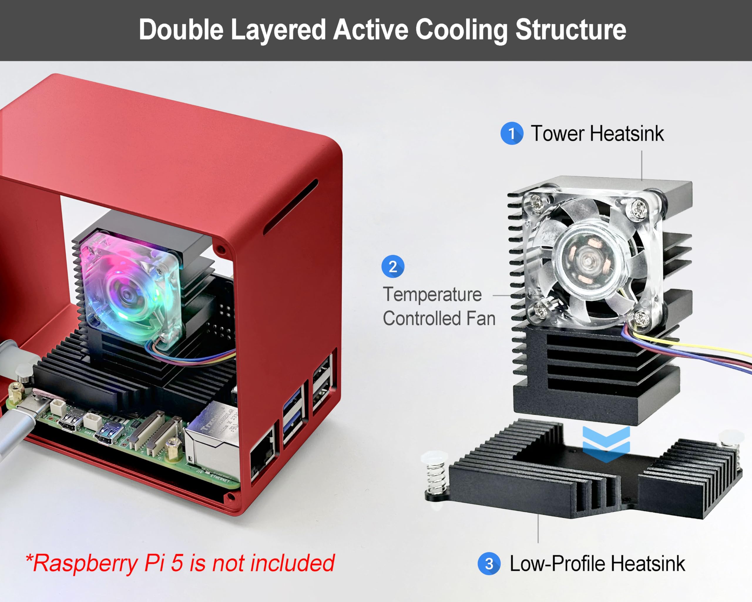 Electrocookie Raspberry Pi 5 Case, Aluminum Mini Tower Case With Cooling Fan And Color Changing Ambient Light (Red)