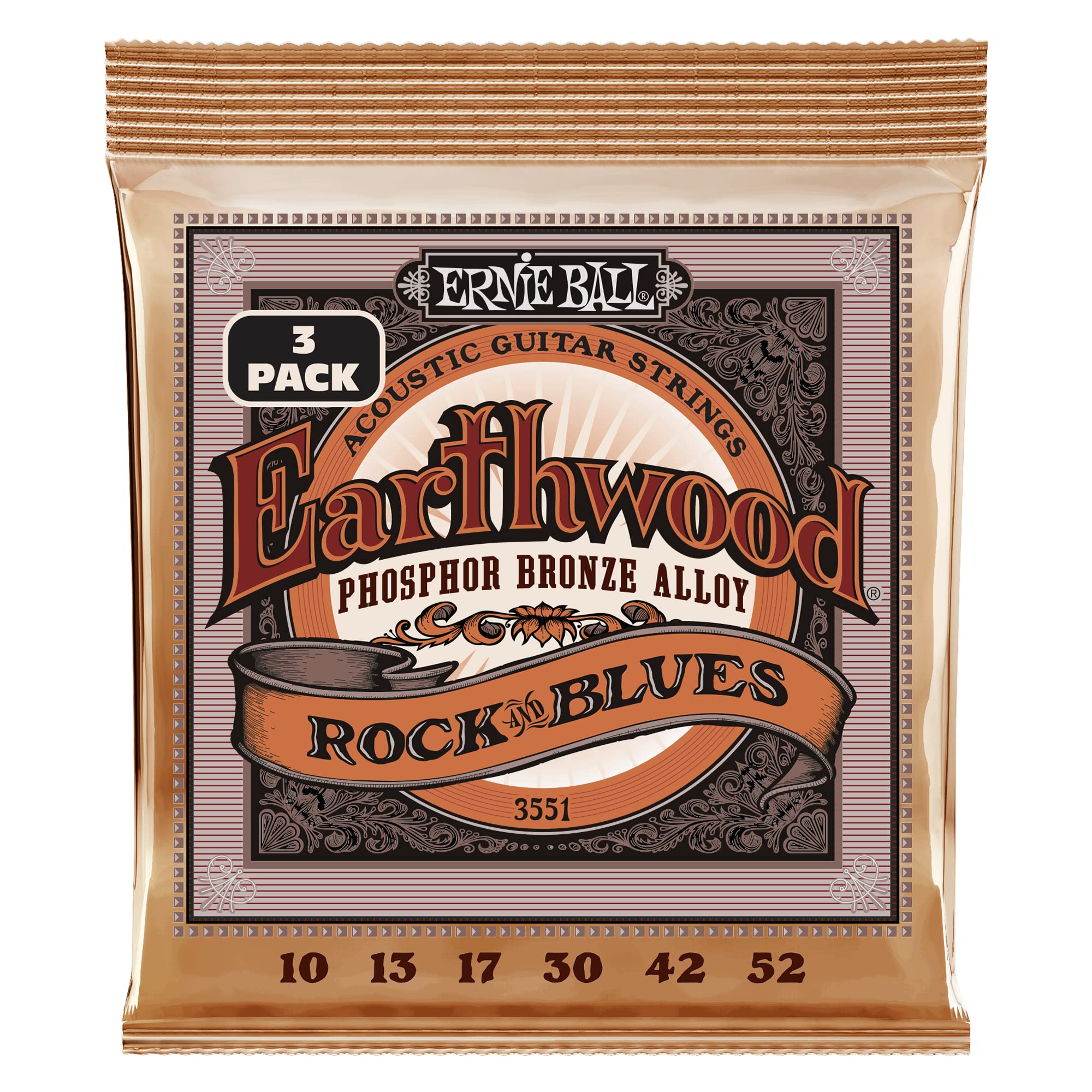 Earthwood Rock And Blues, With Plain G, Phosphor Bronze Acoustic Guitar Strings 3 Pack, 10 52
