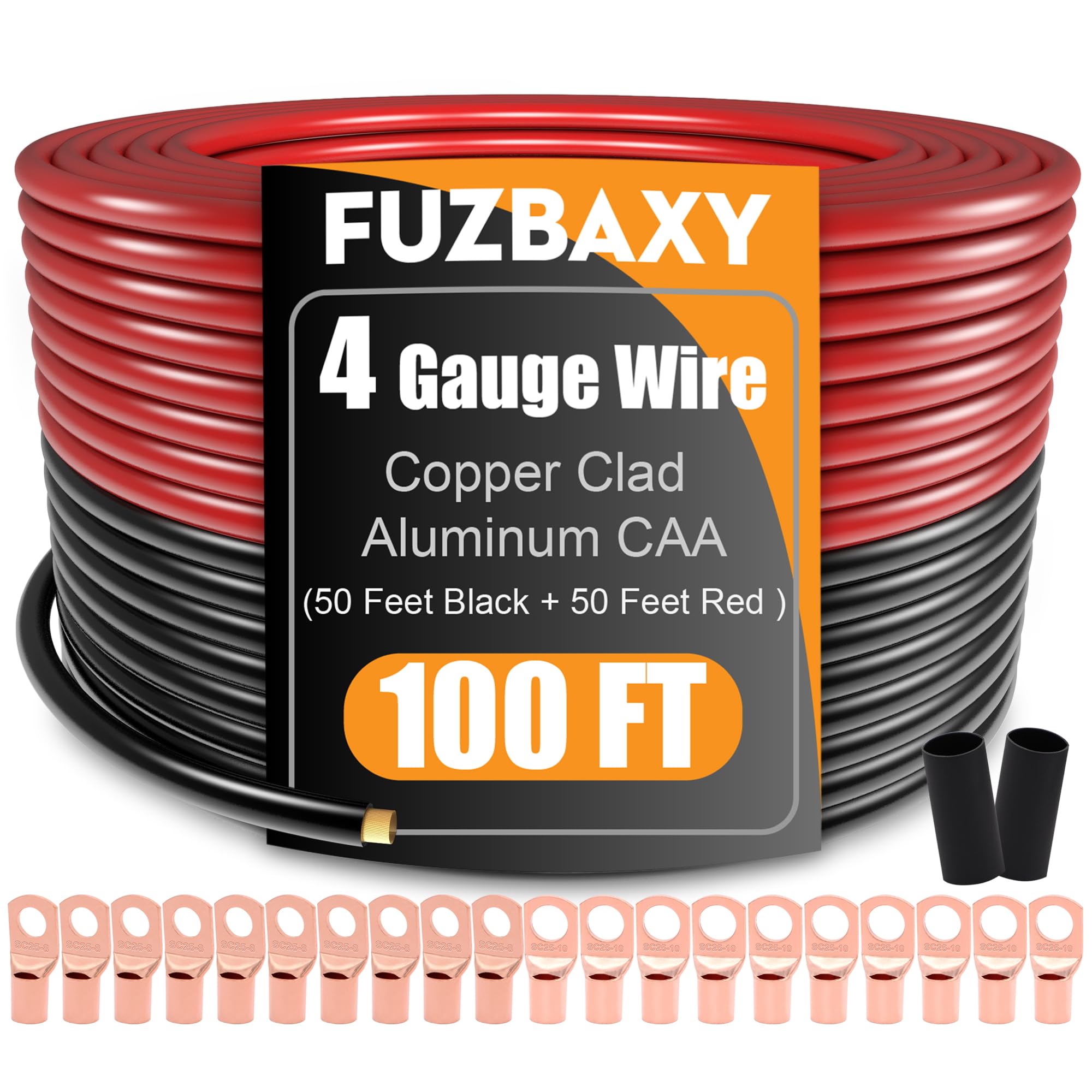 Fuzbaxy 4 Gauge Wire (50Feet Black+50Feet Red) Copper Clad Aluminum Cca   Primary Automotive Wire Power/Ground,20Pcs Lugs Termin