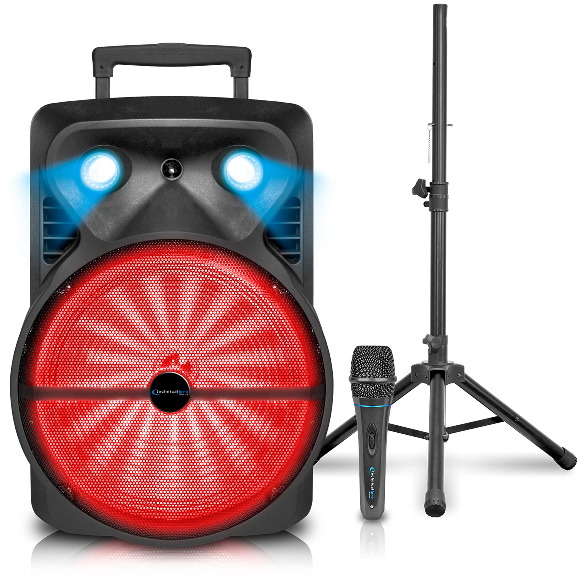 1600 Watts Bluetooth Speaker With Tripod, Wired Microphone & Remote Control | Rechargeable 15' Two Way Bluetooth Dj Light Speaker Package With Usb Sd Card Inputs By Technical Pro