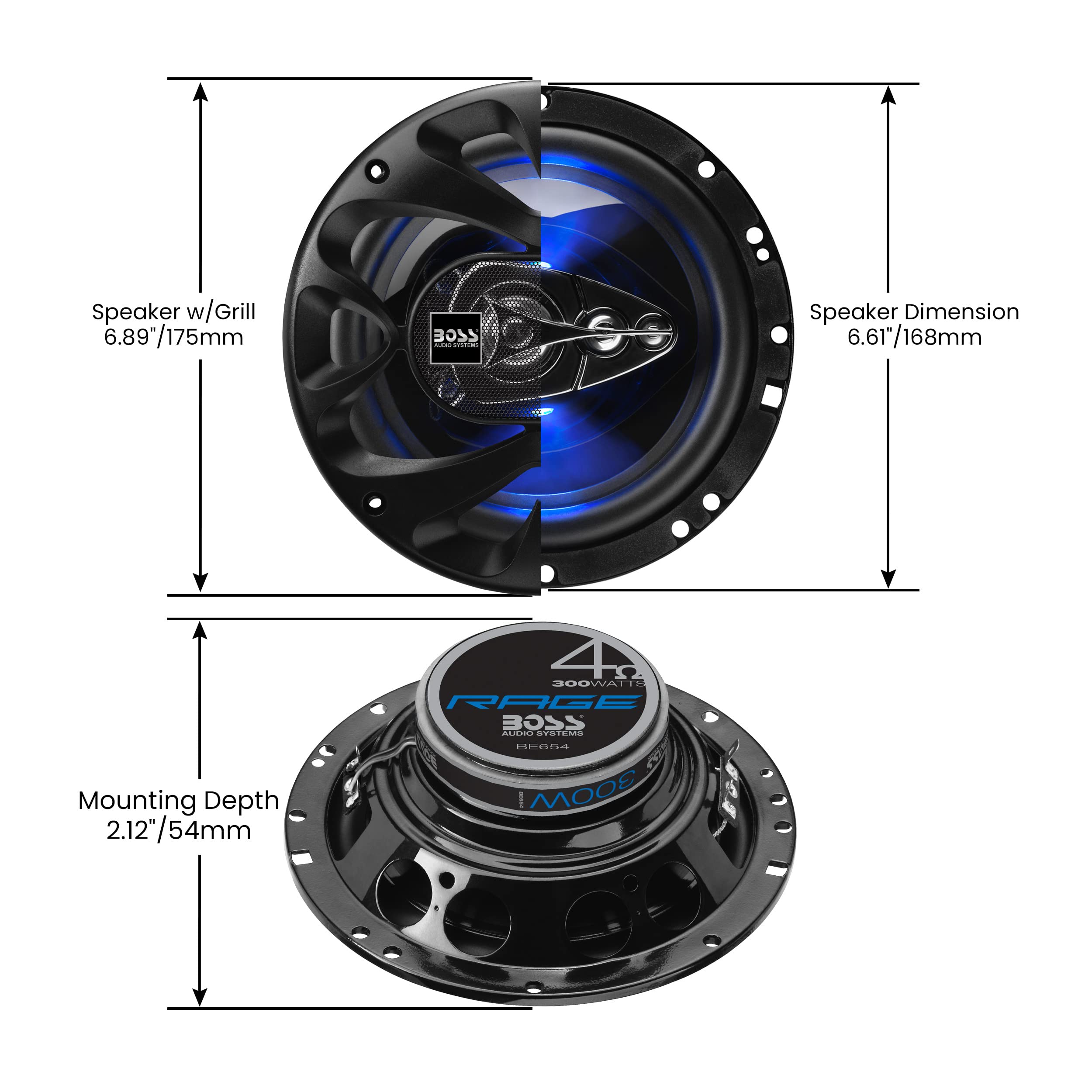 Boss Audio Systems Be654 Rage Series 6.5 Inch Car Door Speakers   Blue Light Illumination, 300 W, 4 Way, Full Range, Coaxial, So