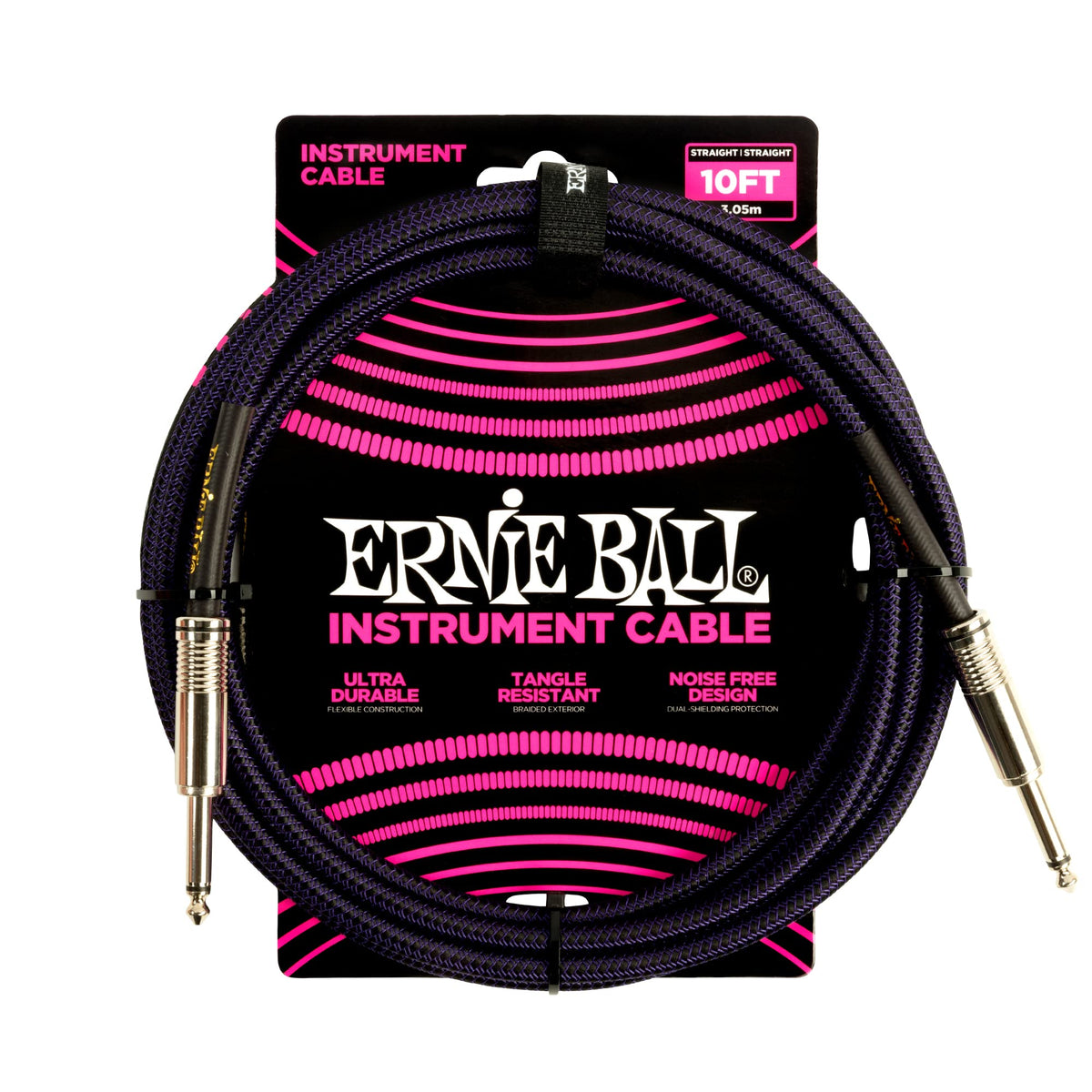 Ernie Ball Braided Instrument Cable, Straight Straight, 10Ft, Purple/Black