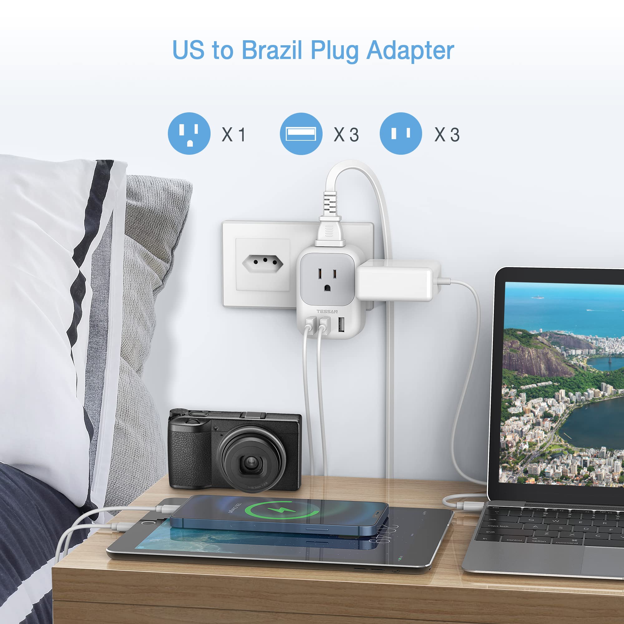 Tessan Brazil Plug Adapter, Us To Brazil Power Adapter With 4 American Outlets And 3 Usb Charging Ports, Type N Travel Adaptor F