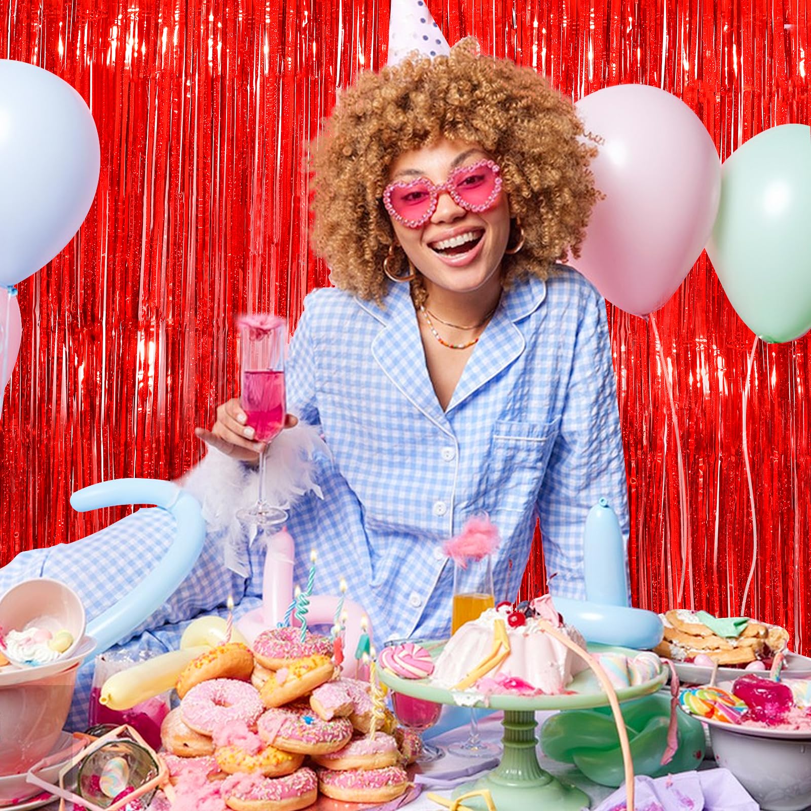 Red Metallic Tinsel Foil Fringe Curtains, 2 Pack 3.3X8.3 Feet Party Streamer For Birthday Party Decorations, Halloween Decor, Fo