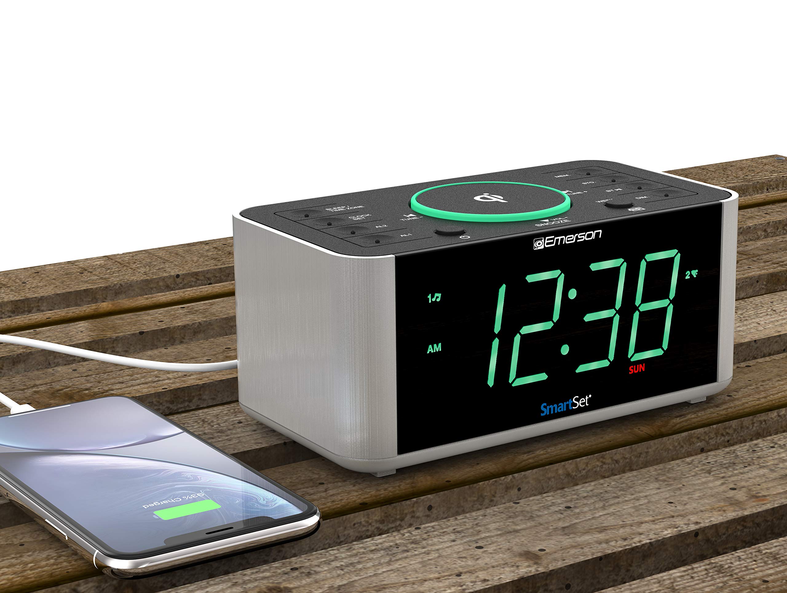 Emerson Smartset Dual Alarm Clock Radio And Qi Wireless Phone Charger With Bluetooth, All Qi Compatible Phones, Er100202