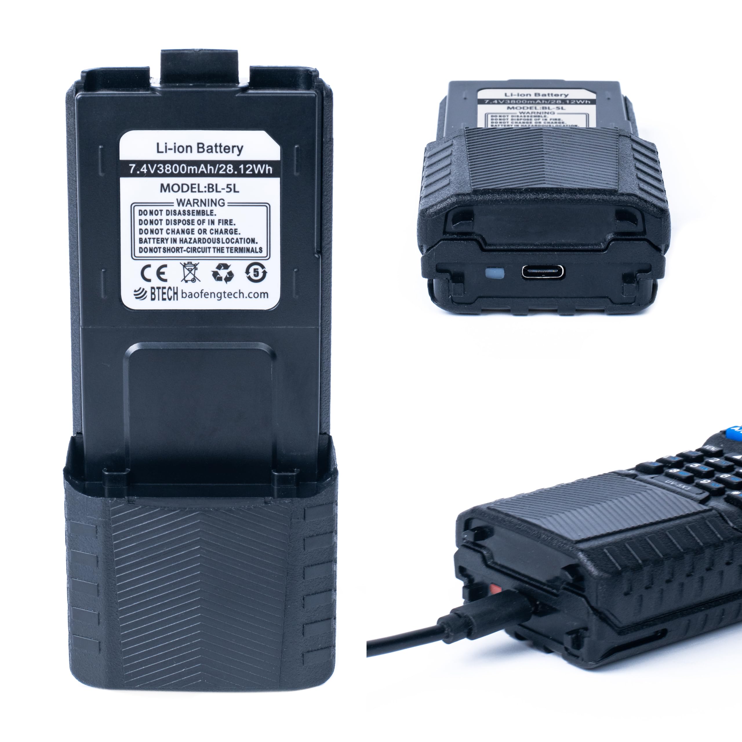 BTECH BL-5L 3800mAh USB-C Charging Li-ion Battery Pack, High Capacity Extended Battery for UV-5X3, BF-F8HP, and BaoFeng UV-5R Se