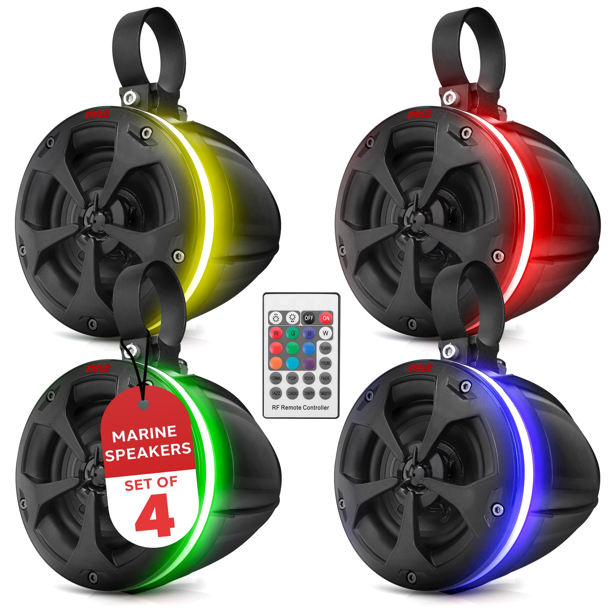 Pyle 800W Waterproof Off-Road Speakers - 4-Inch 2-Way Marine Grade Wakeboard Tower Speaker System with RGB Lights - Full Range O
