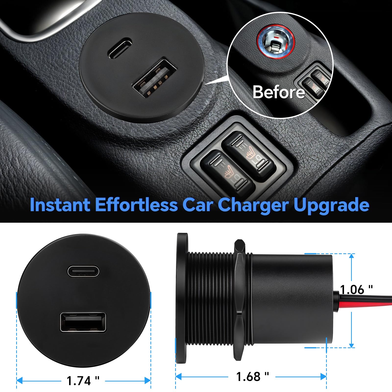 Acegoo USB Charger Socket - 12V Dual Port, 30W PD & 18W QC3.0, Aluminum, Recessed Mount, 1Pcs for RV, Boat,