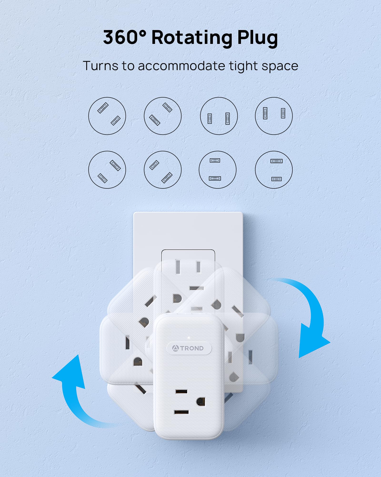 Trond 2 Prong To 3 Prong Outlet Adapter With 360 Rotating Plug, 3 Ac Power Splitter With Usb C Pd20W, Travel Plug Adapter For Us