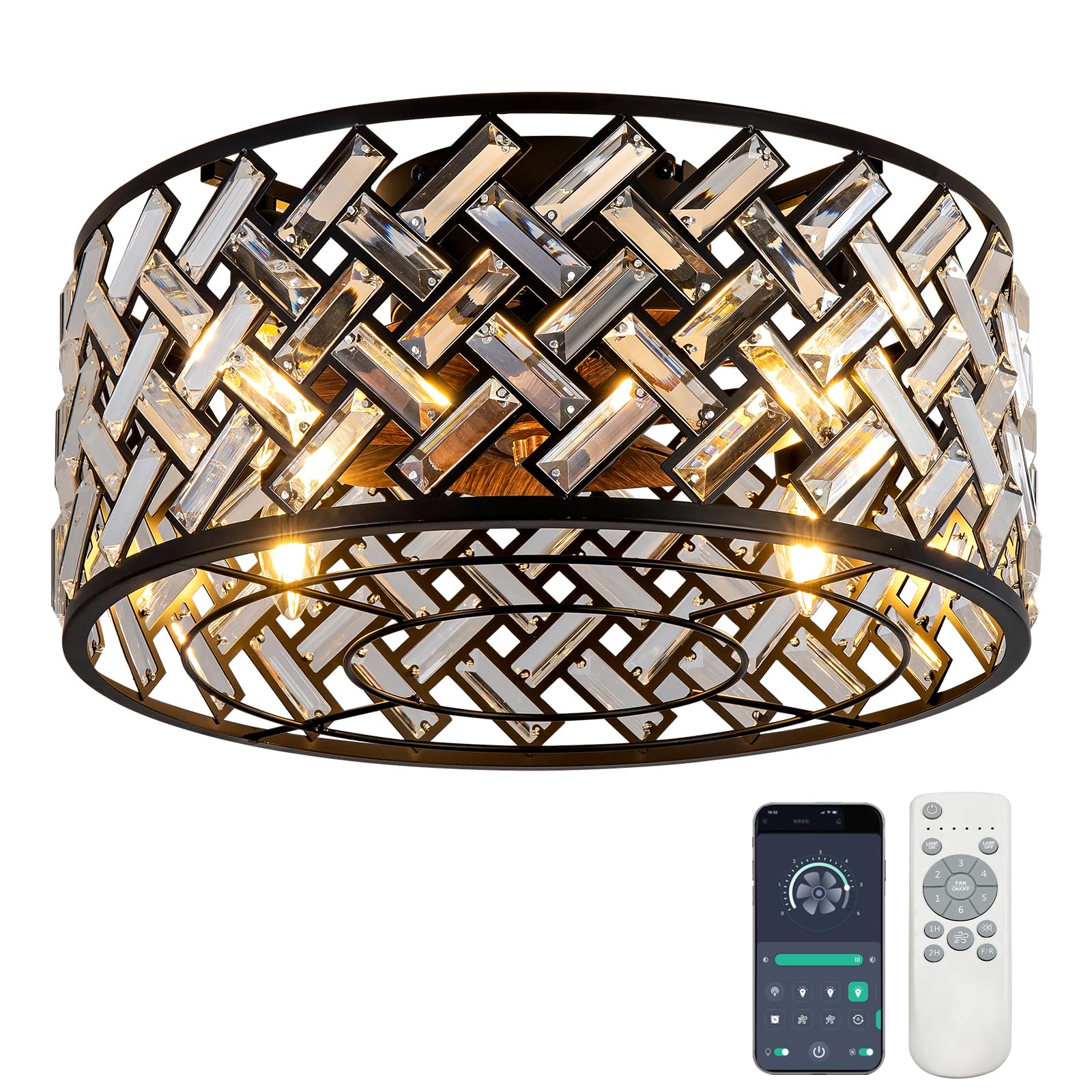 Modern Chandelier Crystal Ceiling Fans with Lights and Remote, 18.7-Inch Low Profile Bladeless Flush Mount Caged Ceiling Fan for