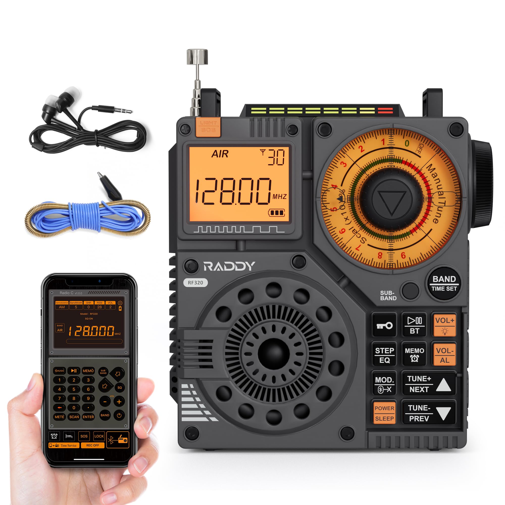 Raddy RF320 APP Control Shortwave Radio, AIR/FM/AM/VHF/SW/WB Receiver, Portable Radio Rechargeable w/ 9.85 Ft Wire Antenna (Blac