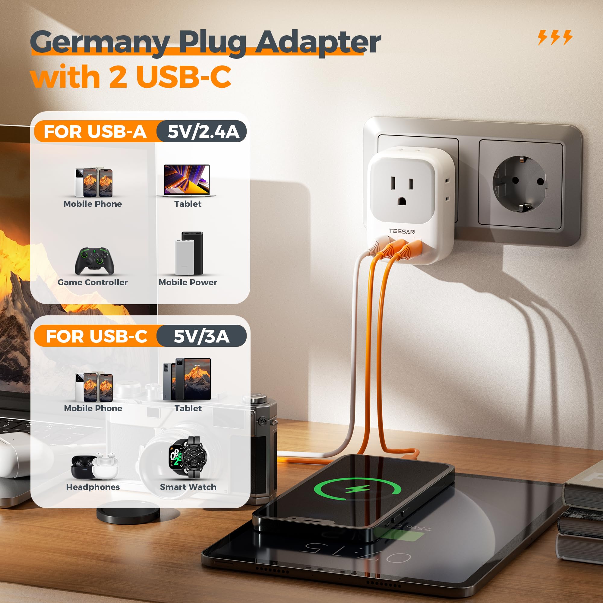 Tessan Type E F Plug Adapter, France Power Adaptor With 3 Usb Ports(2 Usb C), 4 Ac Outlets Travel Converter Us To Europe Eu Germ