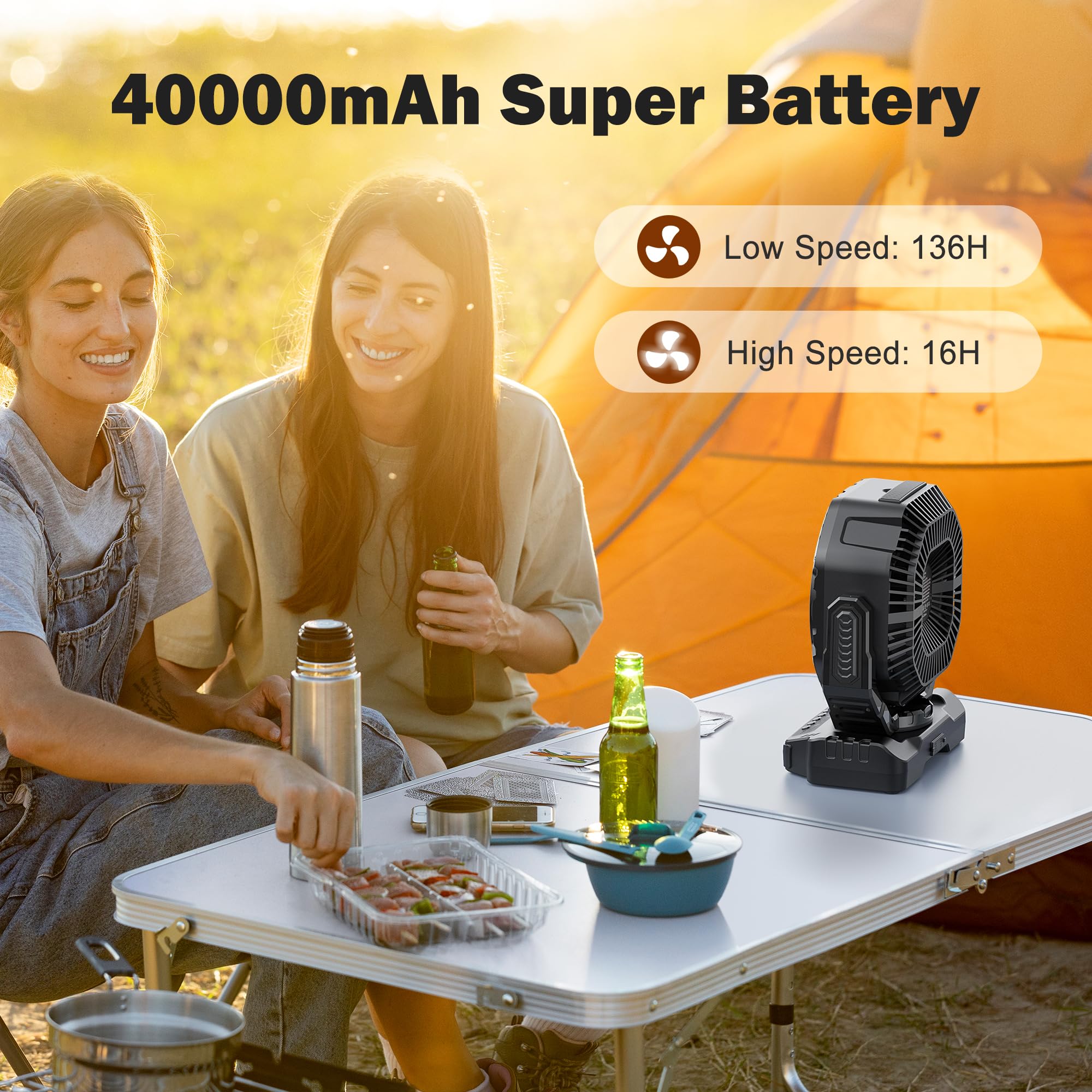 40000Mah Rechargeable Camping Fan, Battery Operated Fan With Light & Remote, 12 Portable Outdoor Fan, Auto Oscillating Battery P