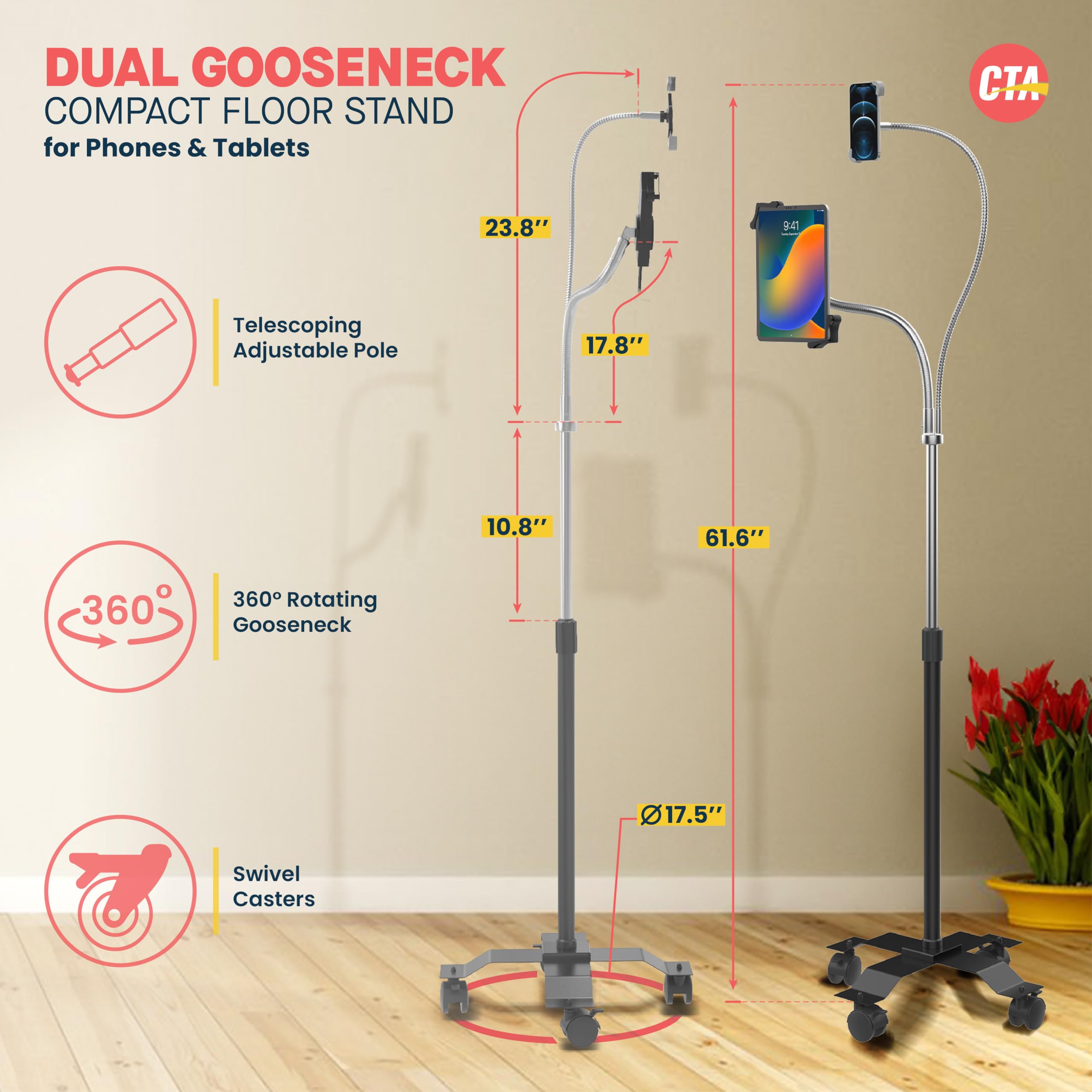 Universal Dual Gooseneck Floor Stand For Tablets & Smartphones   Compatible With Ipad 10.2 Inch (7Th 9Th Generation), Ipad Air,