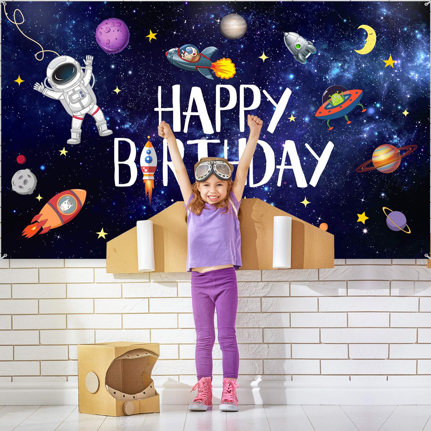 Boao Space Happy Birthday Photography Background Astronaut Rocket Backdrop Banner For Childrens Birthday Galaxy Planet Party Ph