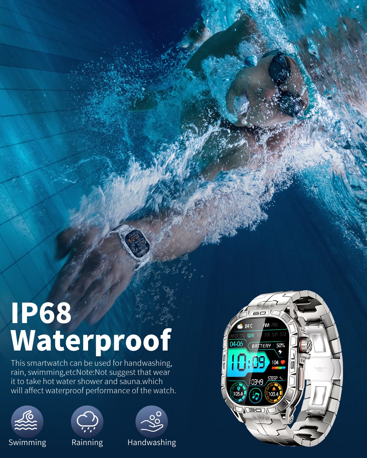 Podoeil Military Smart Watch For Men With 1.96  Amoled Screen, Ip68 Waterproof Smartwatch With Bluetooth Call/Health Monitor/Sle