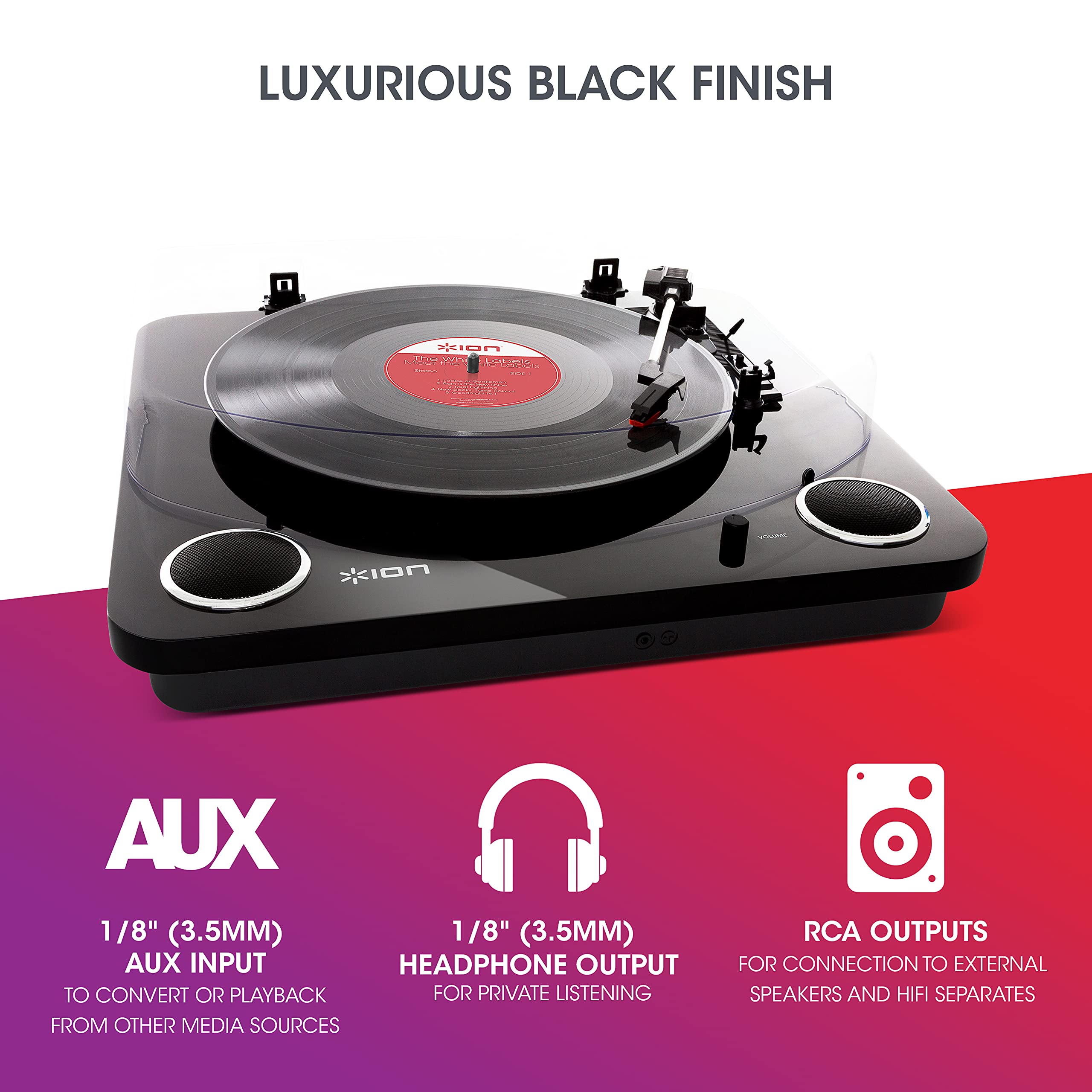 Ion Audio Max Lp Black |Three Speed Vinyl Conversion Turntable With Stereo Speakers, Usb Output To Convert Vinyl Records To Digital Files And Standard Rca & Headphone Outputs
