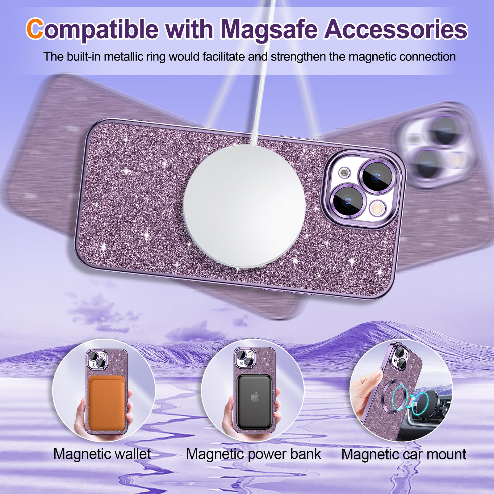 Hython For Iphone 14 Case Glitter, Clear Magnetic Phone Cases With Camera Lens Protector [Compatible With Magsafe] Bling Sparkle