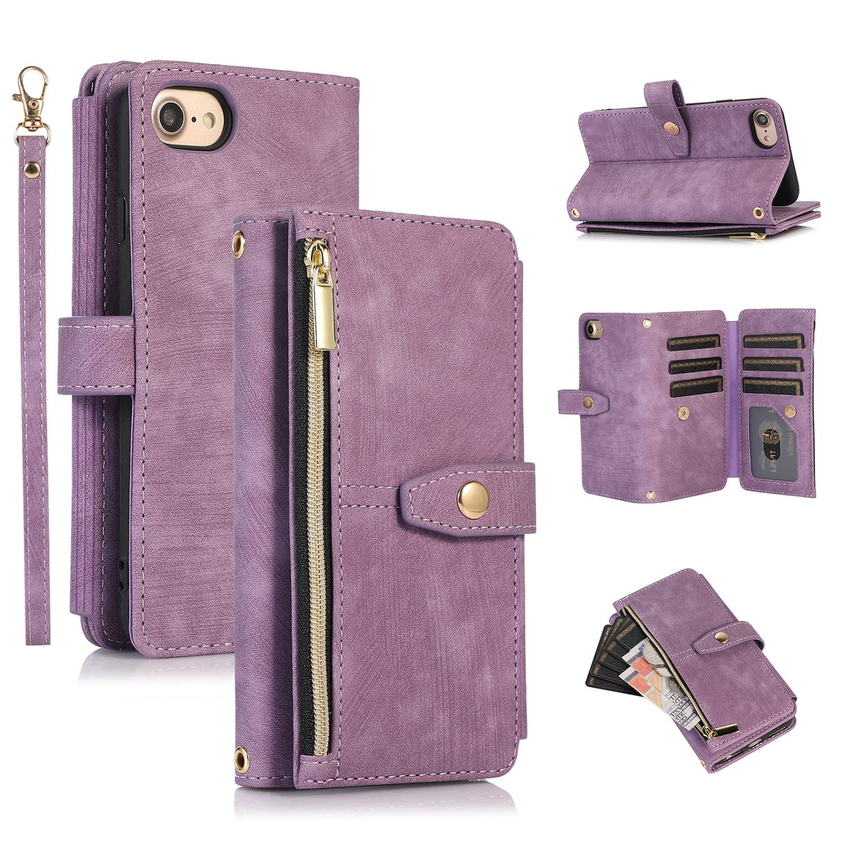Ueebai Case For Iphone 7 Plus/Iphone 8 Plus, 9 Card Slots Retro Leather Wallet Shockproof Flip Cover With Hand Strap Card Slots