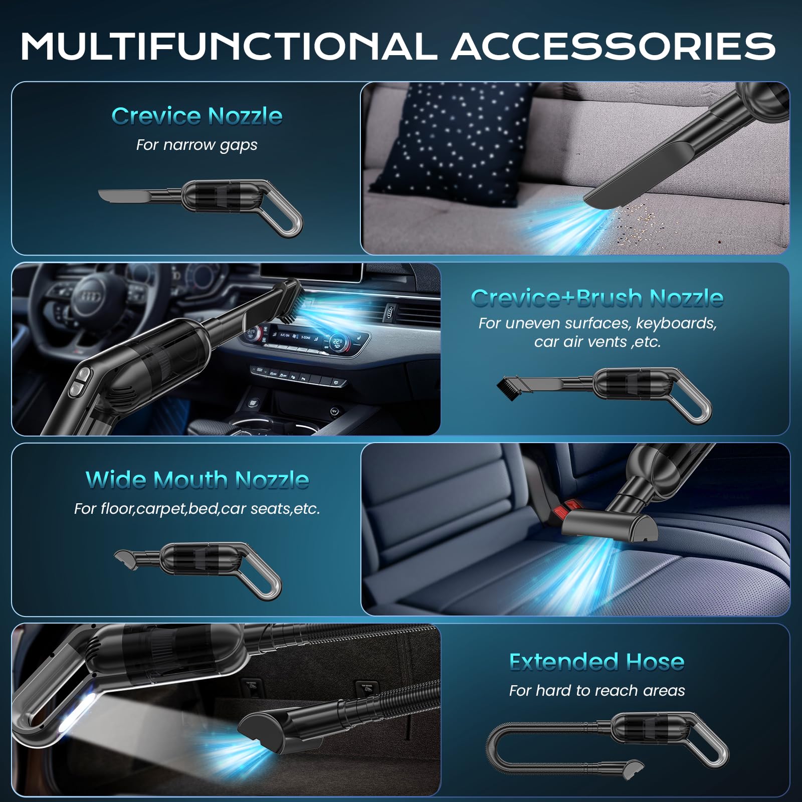 Necyinuove Handheld Vacuum Cordless, Portable Car Vacuum With Led Light,Rechargeable Hand Vacuum With Powerful Suction,Lightweig