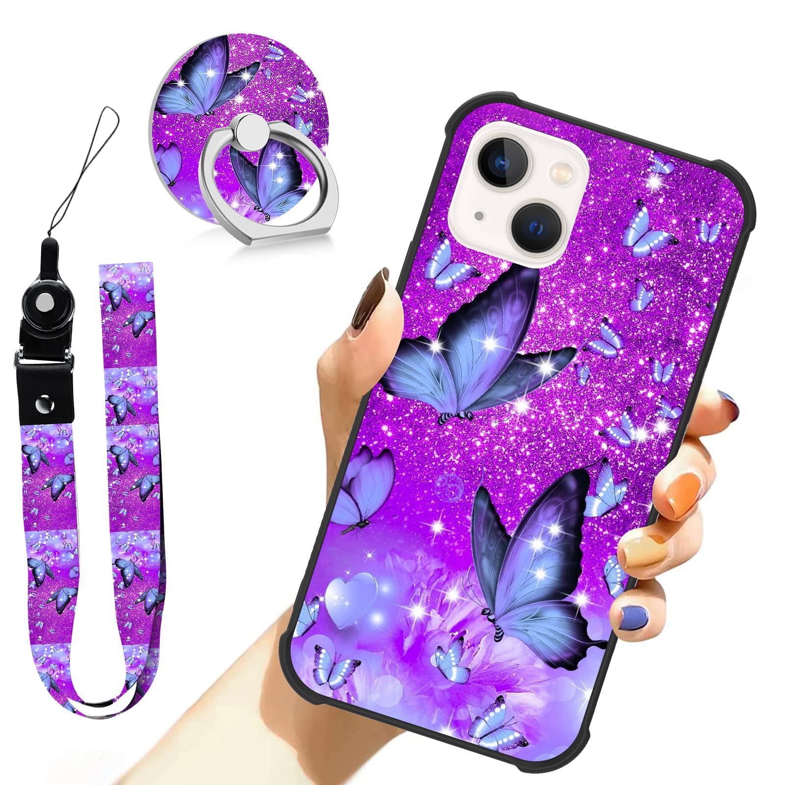 Ziye Designed For Iphone 13 Case Purple Butterfly Hard Lanyard Case With Phone Ring Holder,Full Body Protection Shockproof Drop