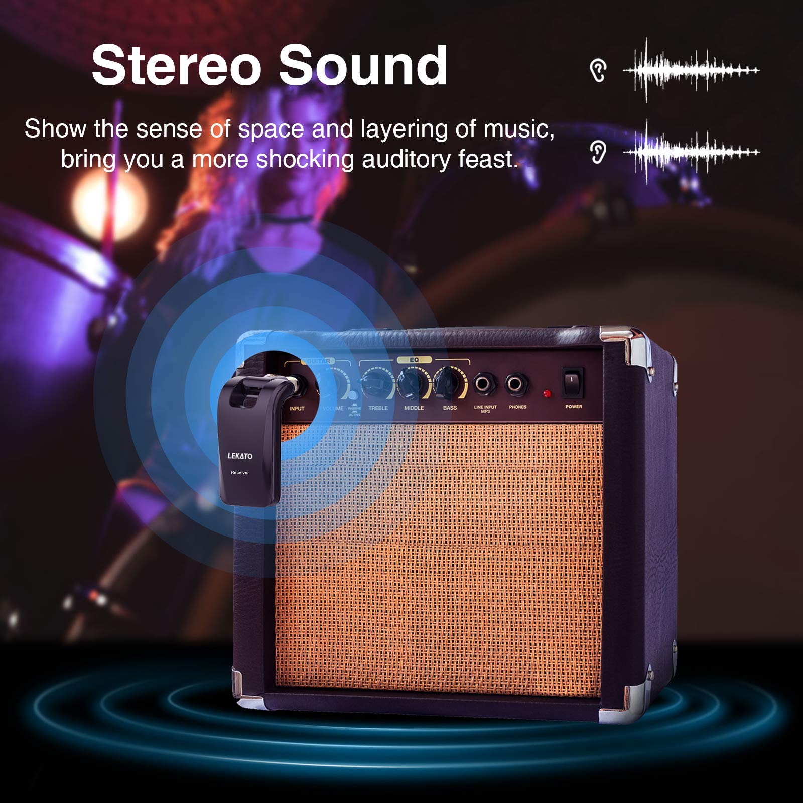 Lekato Wireless Guitar System 2.4Ghz Rechargeable Audio Wireless Transmitter Receiver 6 Channels For Guitar Bass Electric Instru