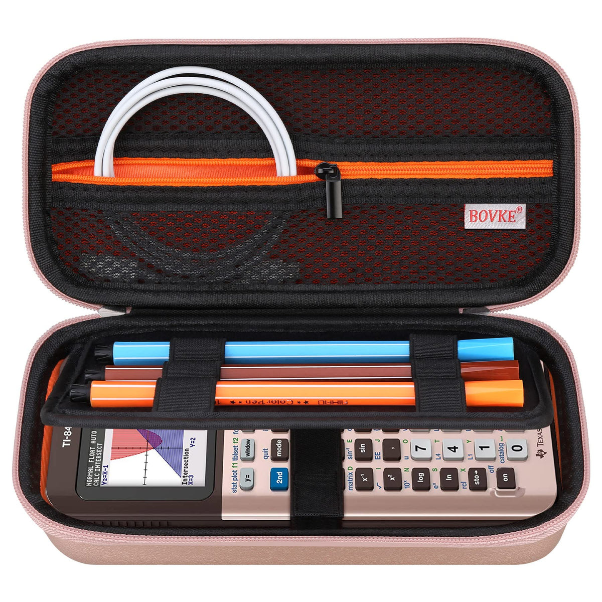 BOVKE Graphing Calculator Hard Travel Case for Texas Instruments TI-84 Plus CE/TI-83 Plus CE/Casio fx-9750GII, Extra Pocket for USB Cables, Manual, Pencil, Ruler & Other Items, Rose Gold