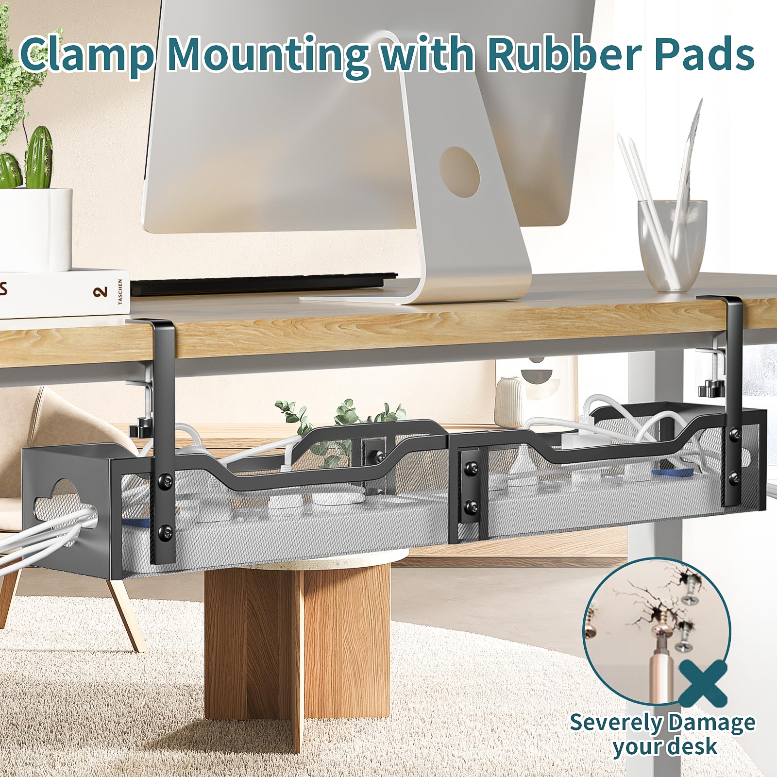 Under Desk Cable Management Tray, Litwaro Cable Management Under Desk No Drill, 25'' Metal Cable Tray With Clamp For Desk Wire M