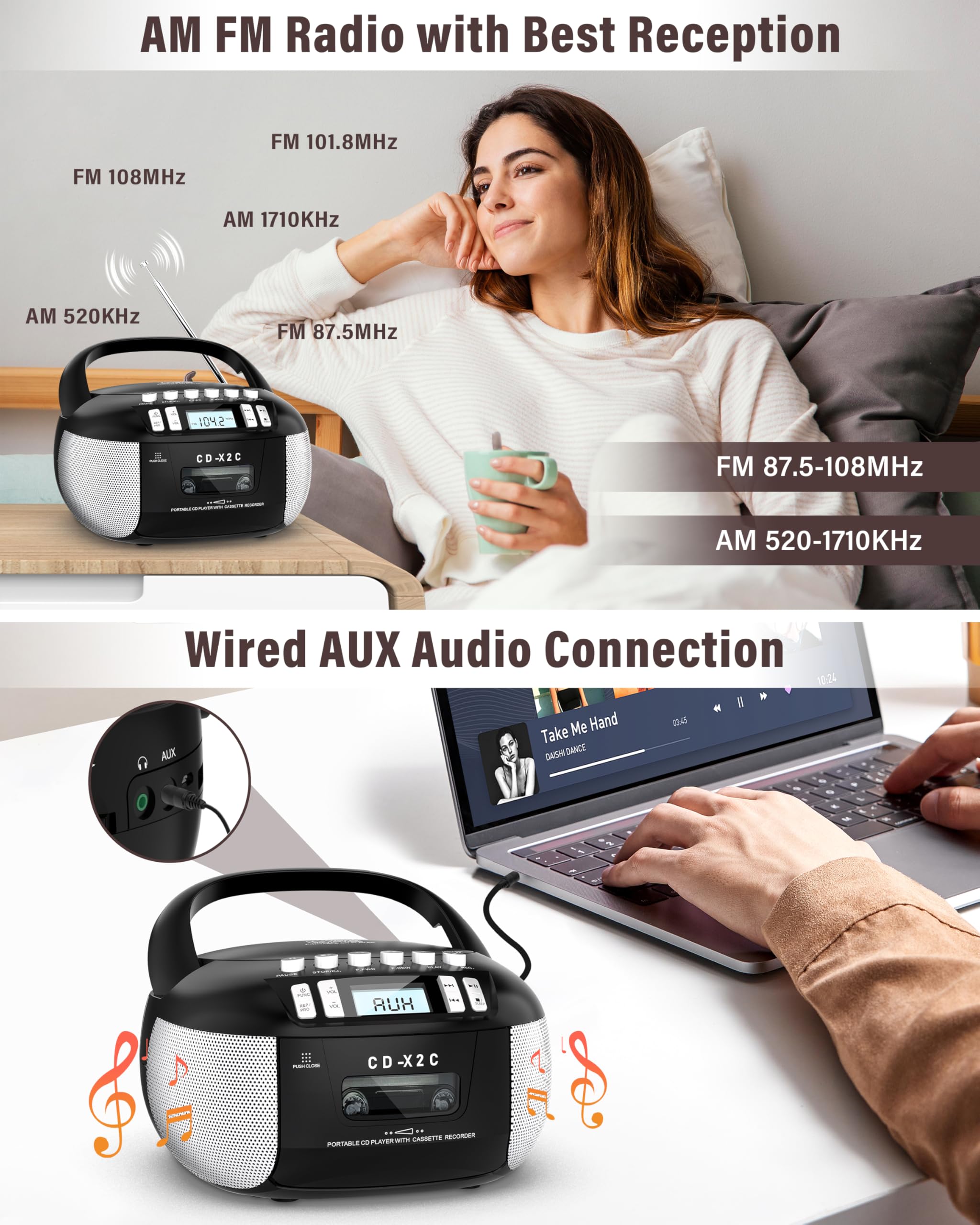 Pbochi Portable Top Loading Cd Boombox With Am/Fm Stereo Radio, Tape Recorder, Aux In Cable And Ac Powered, Battery Operated, Pr