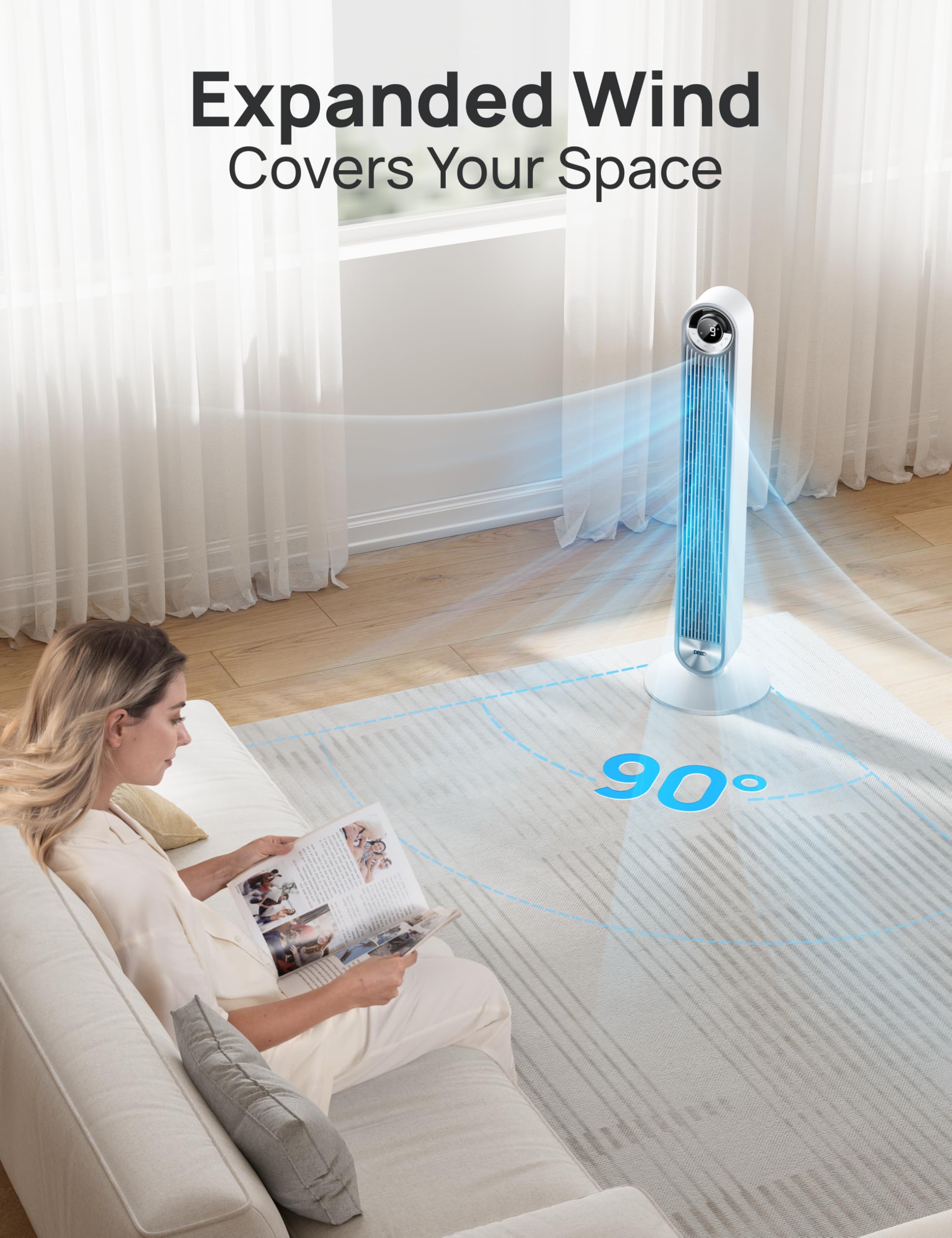 Dreo Tower Fan For Bedroom, Upgrated Dc 9 Speeds Utral Quiet Floor Fan, 90? Oscillating Fans For Indoors With 28Ft/S Velocity, 1