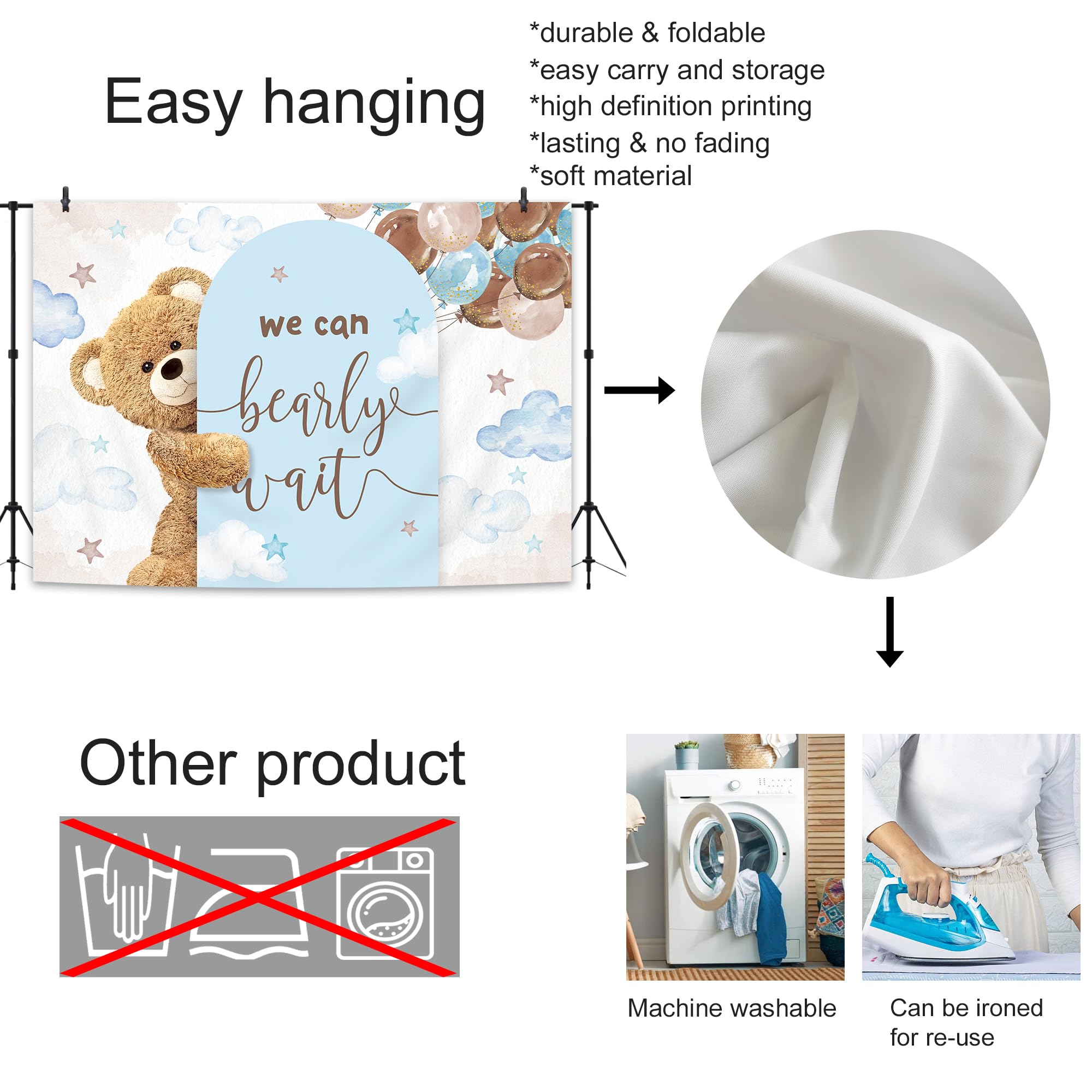 Glawry We Can Bearly Wait Backdrop 7Wx5H Feet Boho Lovely Cartoon Blue Balloons Arch Bear Baby Shower Party Decorations Photogra