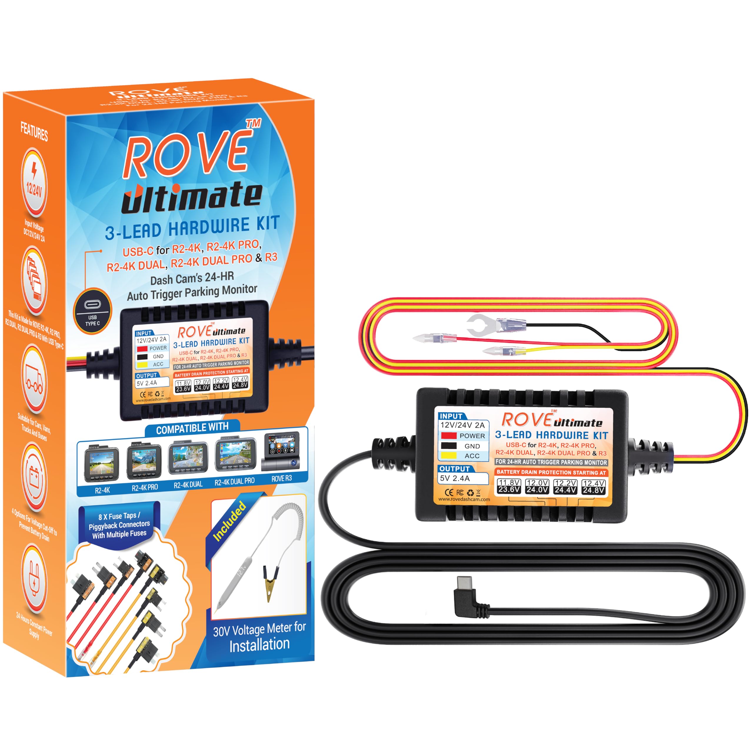 ROVE Ultimate Dash Cam Hardwire Kit with USB-C Port for R2-4K, R2-4K PRO, R2-4K Dual, R2-4K Dual PRO, and R3 Dash Camera Models,