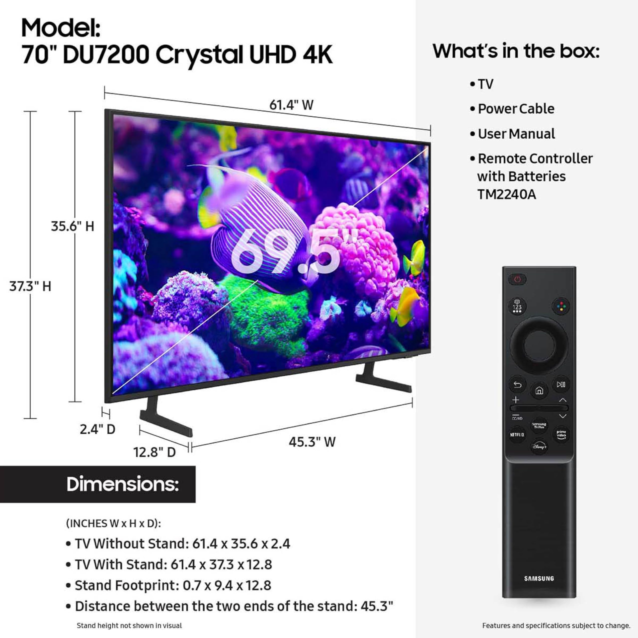 Samsung 70 Inch Class Crystal Uhd 4K Du7200 Series Hdr Smart Tv W/Object Tracking Sound Lite, Purcolor, Motion Xcelerator, Mega