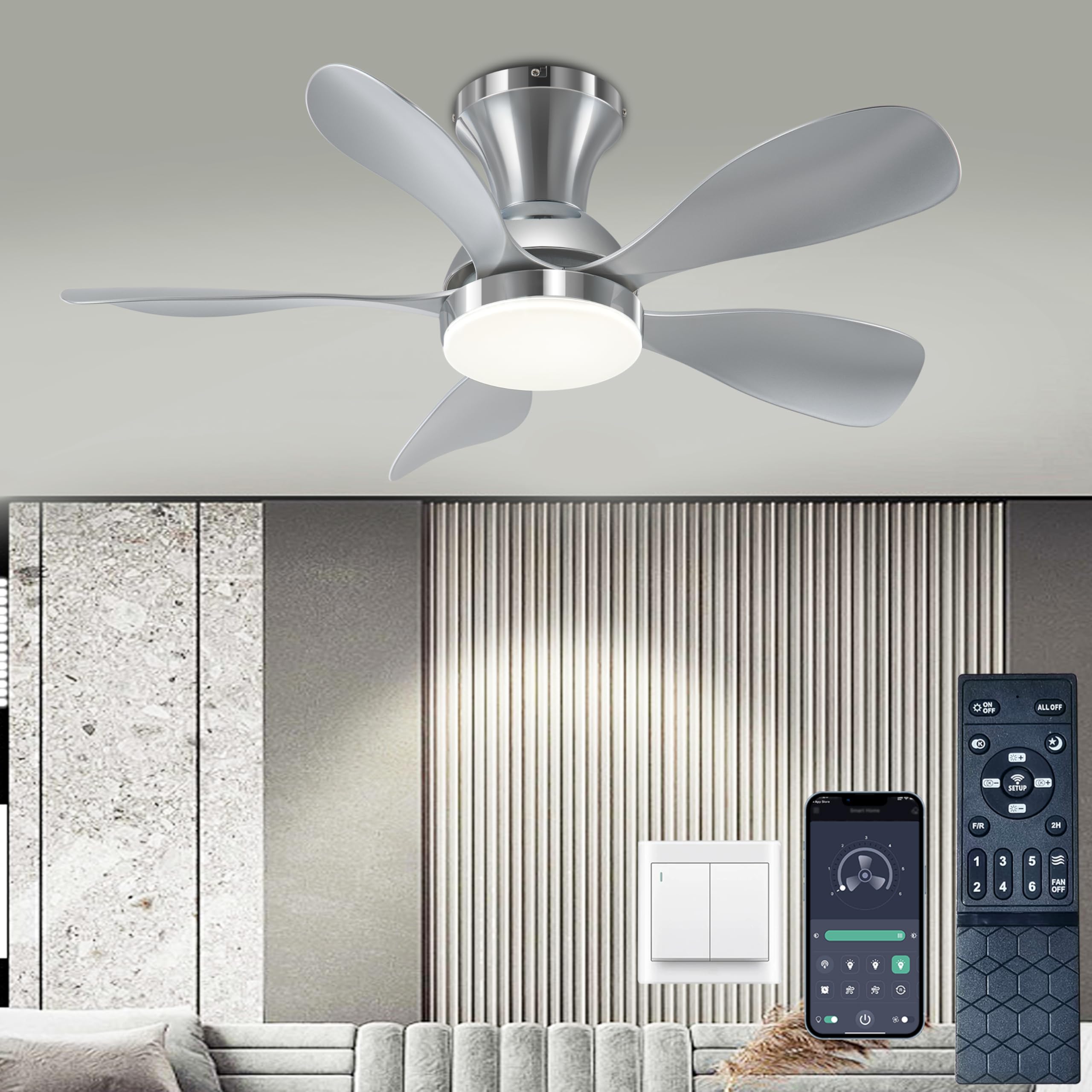 Fumltp Ceiling Fans With Lights, 33Inch Low Profile Ceiling Fan With Remote And App Control, Flush Mount, Dc Reversible Motor, 3