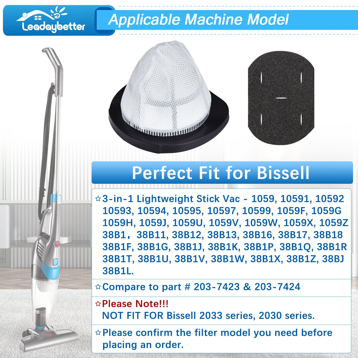 Leadaybetter 38B1 Filter Replacement For Bissell 3 In 1 Lightweight Stick 38B1 38B1L 1059 Vacuum Cleaner, Compare To Part # 2037