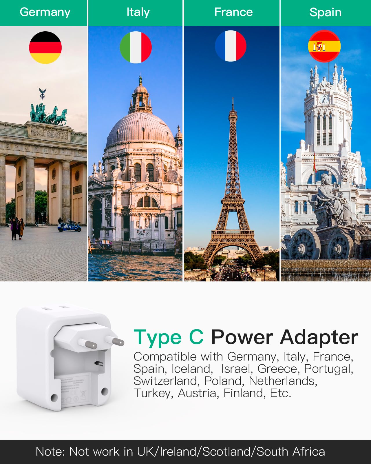 European Travel Plug Adapter, Foldable International Power Plug Adapter With 2 Ac Outlets 3 Usb Charging Ports(2 Usb C), Type C