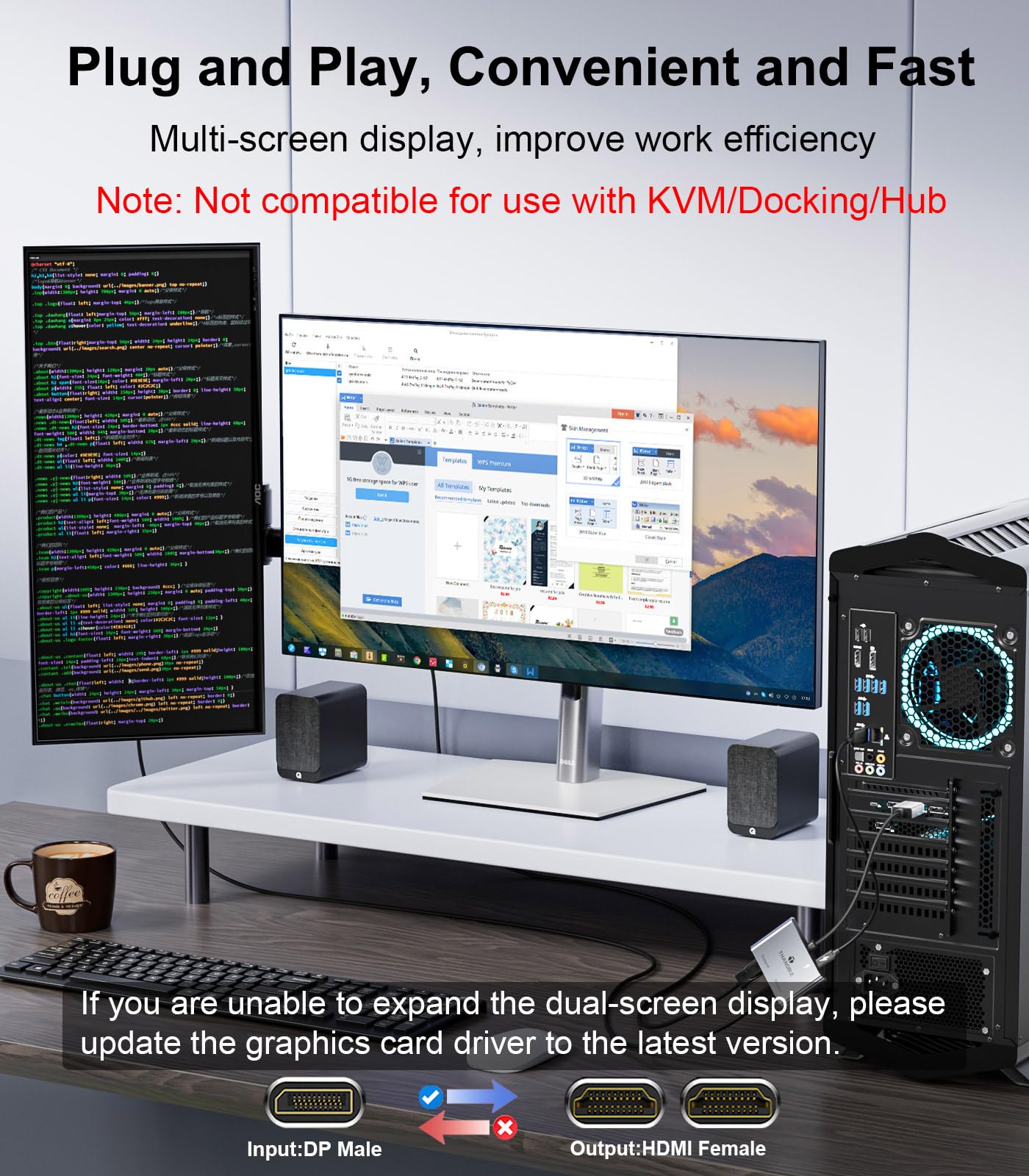 Thandble Displayport To Dual Hdmi Adapter (4K@60Hz) Dp To Hdmi Splitter For Dual Monitors Extended Display Mst Display Port To H