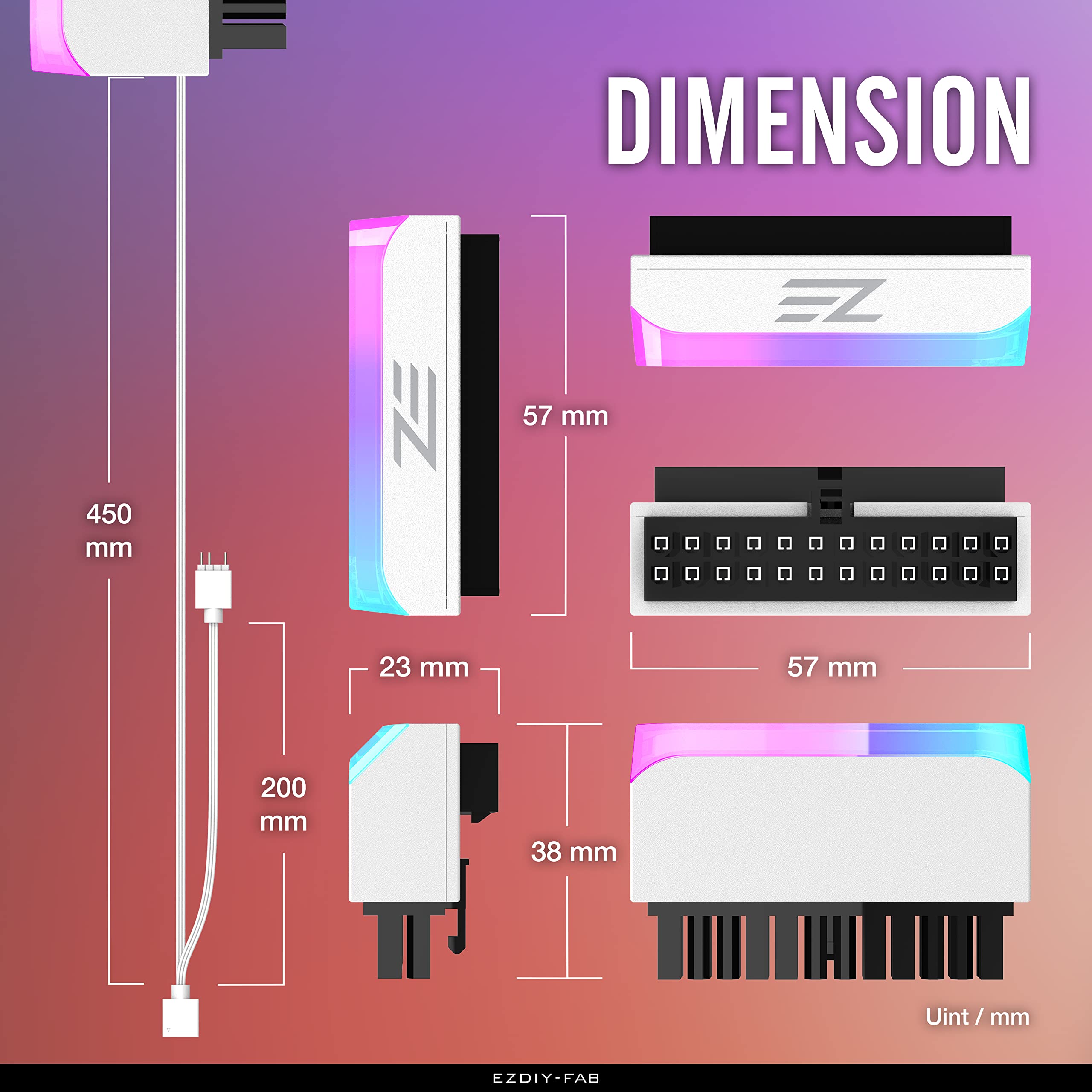 Ezdiy Fab Atx 24 Pin 90 Degree Power Connector Adapter 5V 3 Pin Argb Rainbow Female To Male Power Adapter For Computer Motherboa
