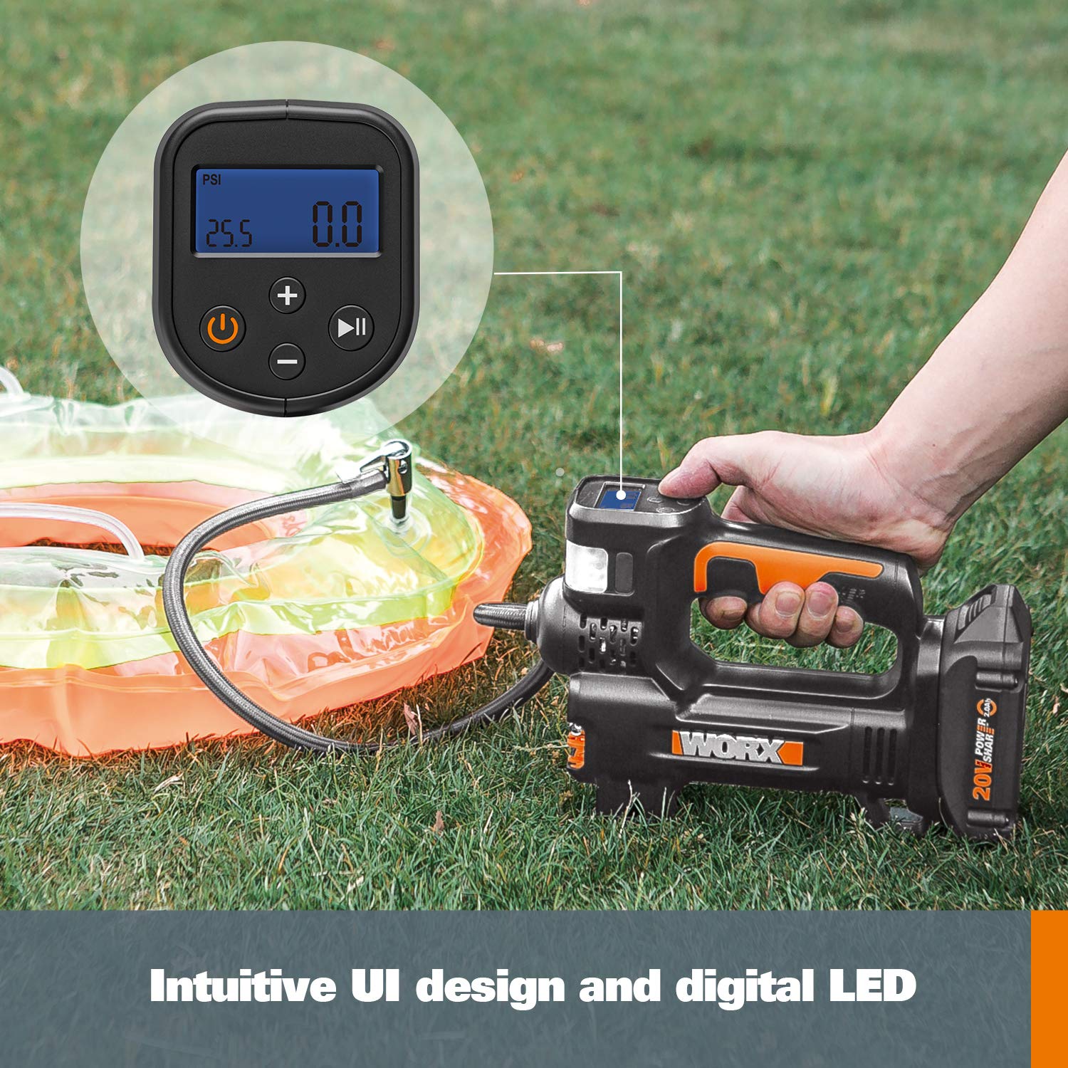 Worx Wx092L 20V 2.0Ah 2 In 1 Cordless Inflator Battery And Charger Included, Max. 10 Bar, Digital Pressure Display