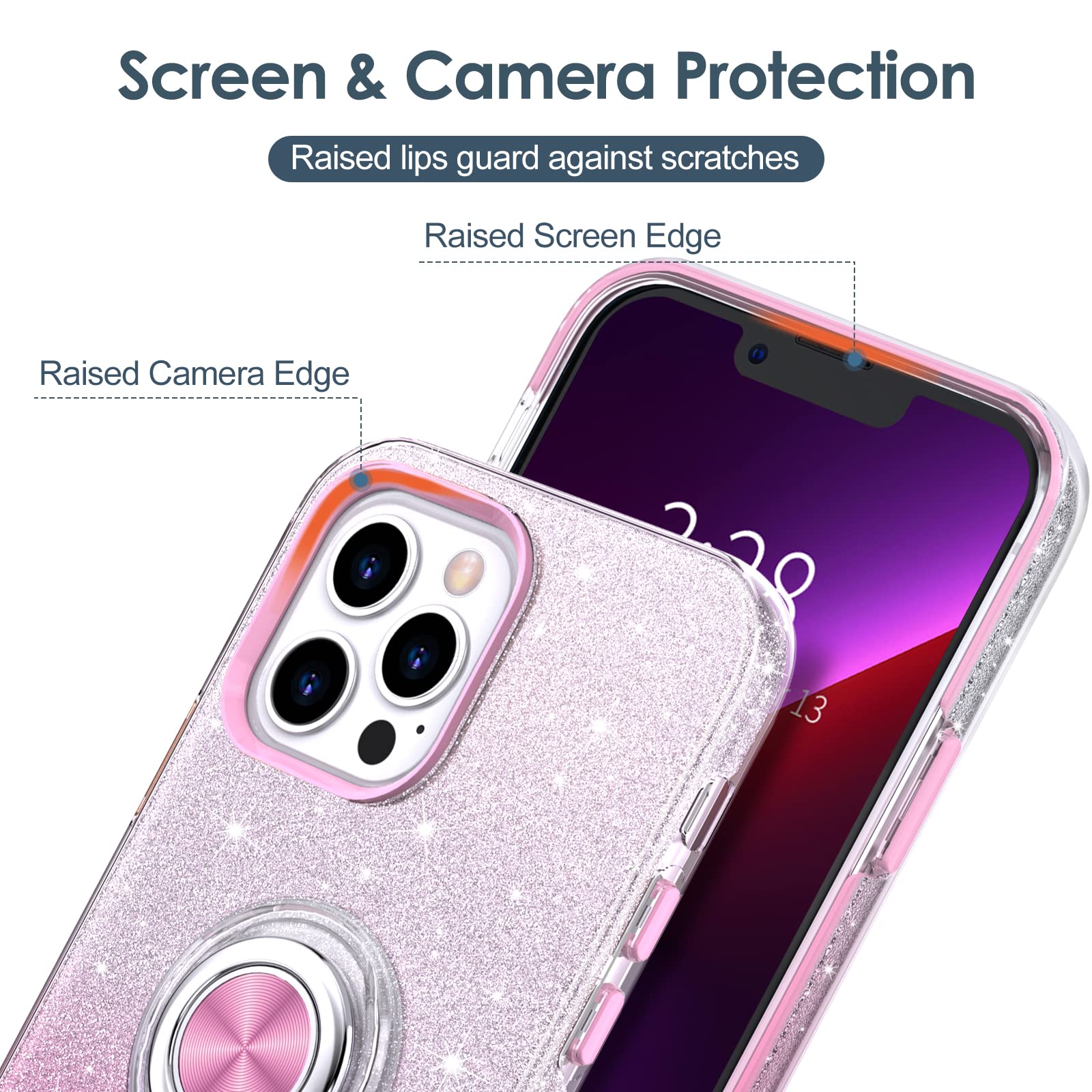 Hython For Iphone 13 Pro Max Case With Ring Stand [360 Rotatable Ring Holder Magnetic Kickstand][Support Car Mount] Cute Sparkly