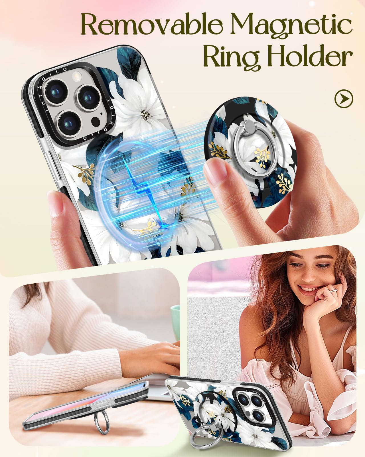 Lotadilo For Iphone 13 Pro Max Case For Women Girls - Cute Design Compatible With Magsafe Magnetic Ring Holder Stand Blue Flower