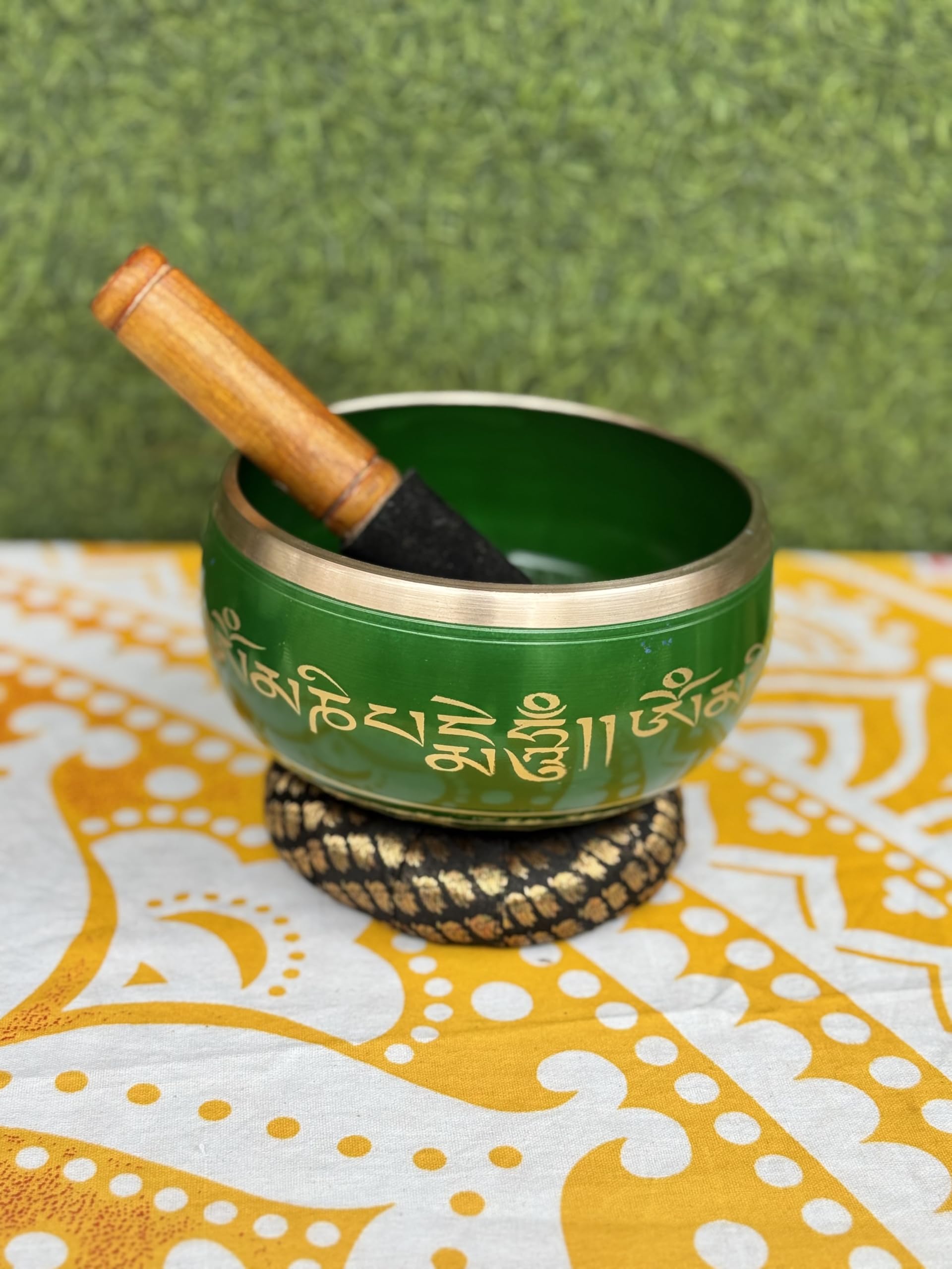 Vyogeeta Tibetan Singing Bowl Set | Handmade Brass Green Meditation Sound Bowl With Wooden Mallet & Cushion | Spiritual Healing 