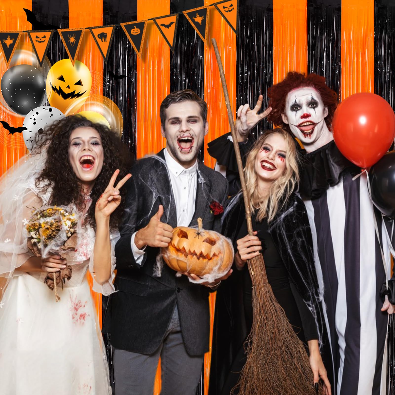 Orange Black Tinsel Foil Fringe Curtains, 2 Pack 3.3X8.3 Feet Party Streamer For Birthday Party Decorations, Halloween Decor, Fo