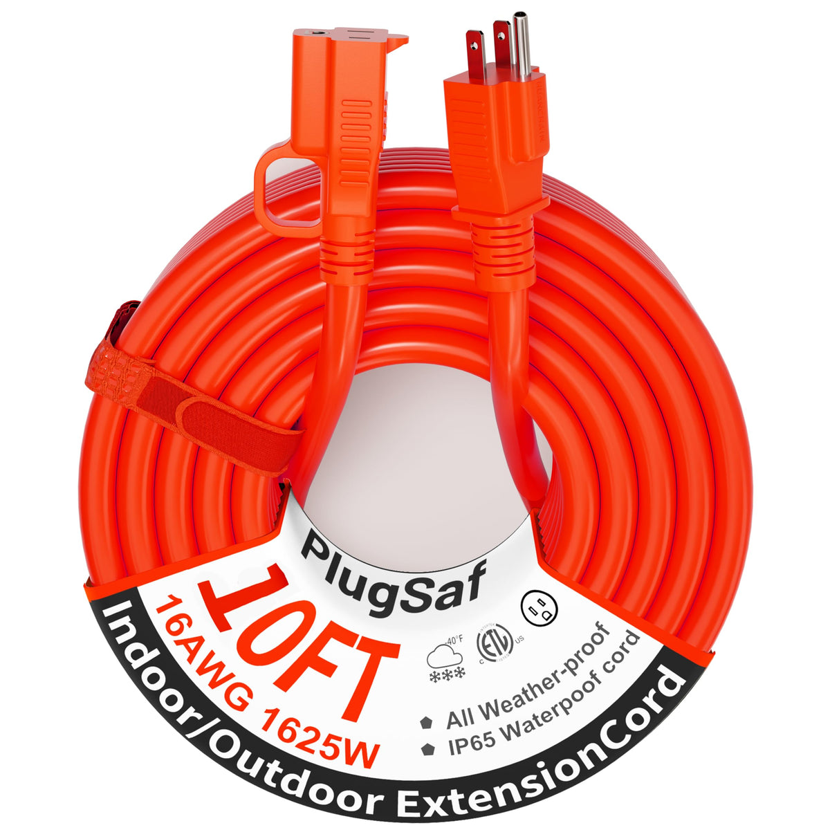 Plugsaf 16 Gauge 10 Ft Outdoor Extension Cord Waterproof, Cold Weatherproof  58?F, Flame Retardant, Flexible 3 Prong Orange Heav