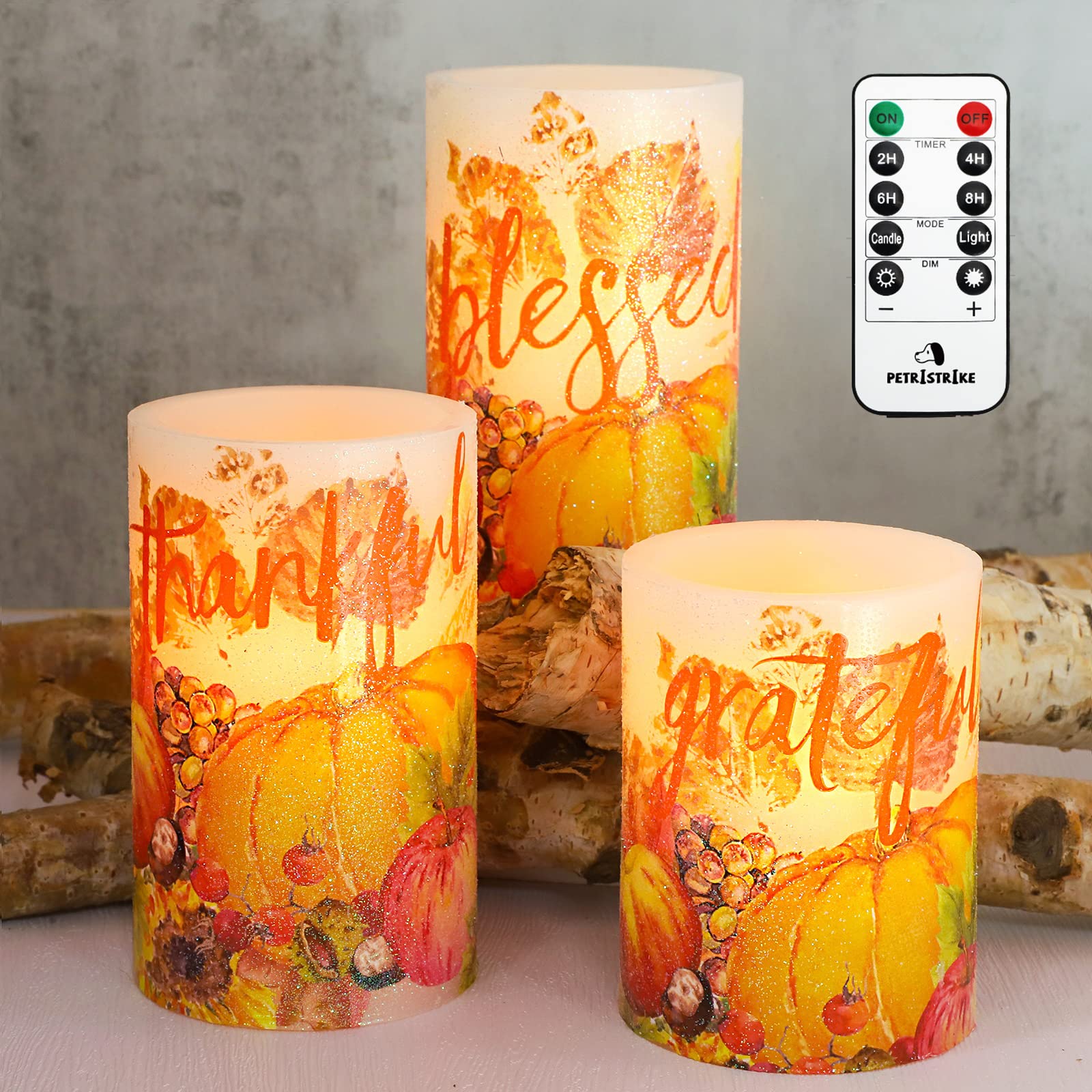 Petristrike Fall Decor Flameless Candles, Autumn Harvest Maple Leaf Pumpkin Led Candles, Battery Candle With Remote & Timer, Rea