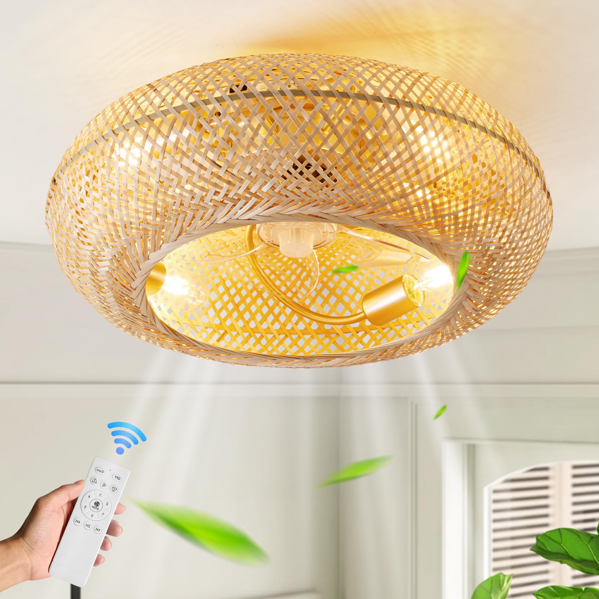 20'' Boho Ceiling Fans With Lights And Remote Control,Rattan Caged Flush Mount Ceiling Fan With Light, Enclosed Timing 6 Speeds