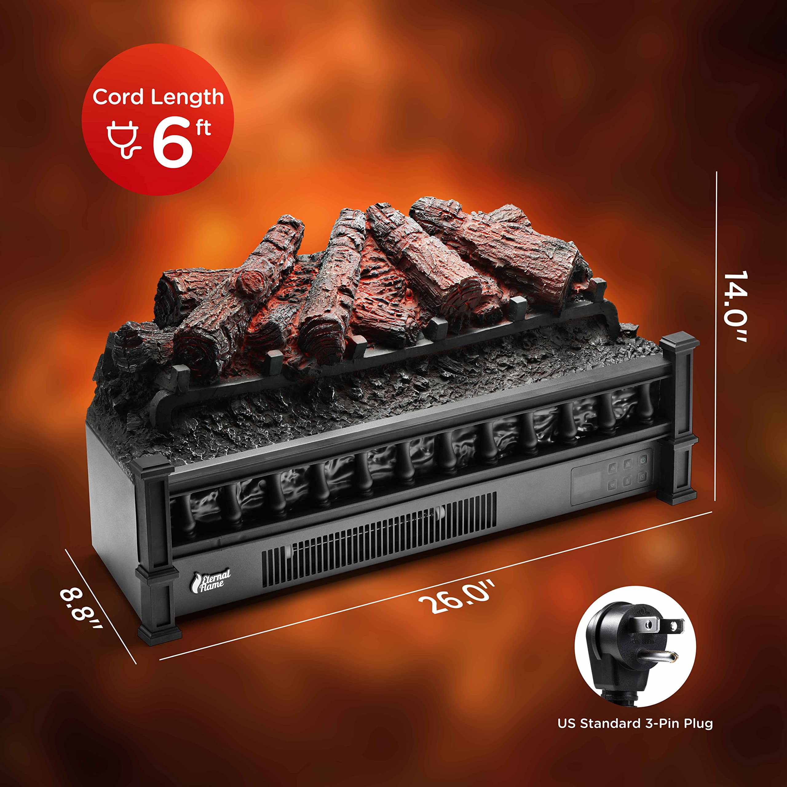 Turbro Eternal Flame 26 Inch Infrared Quartz Electric Fireplace Log Heater, Realistic Pinewood Logs, Adjustable Flame Colors, Re
