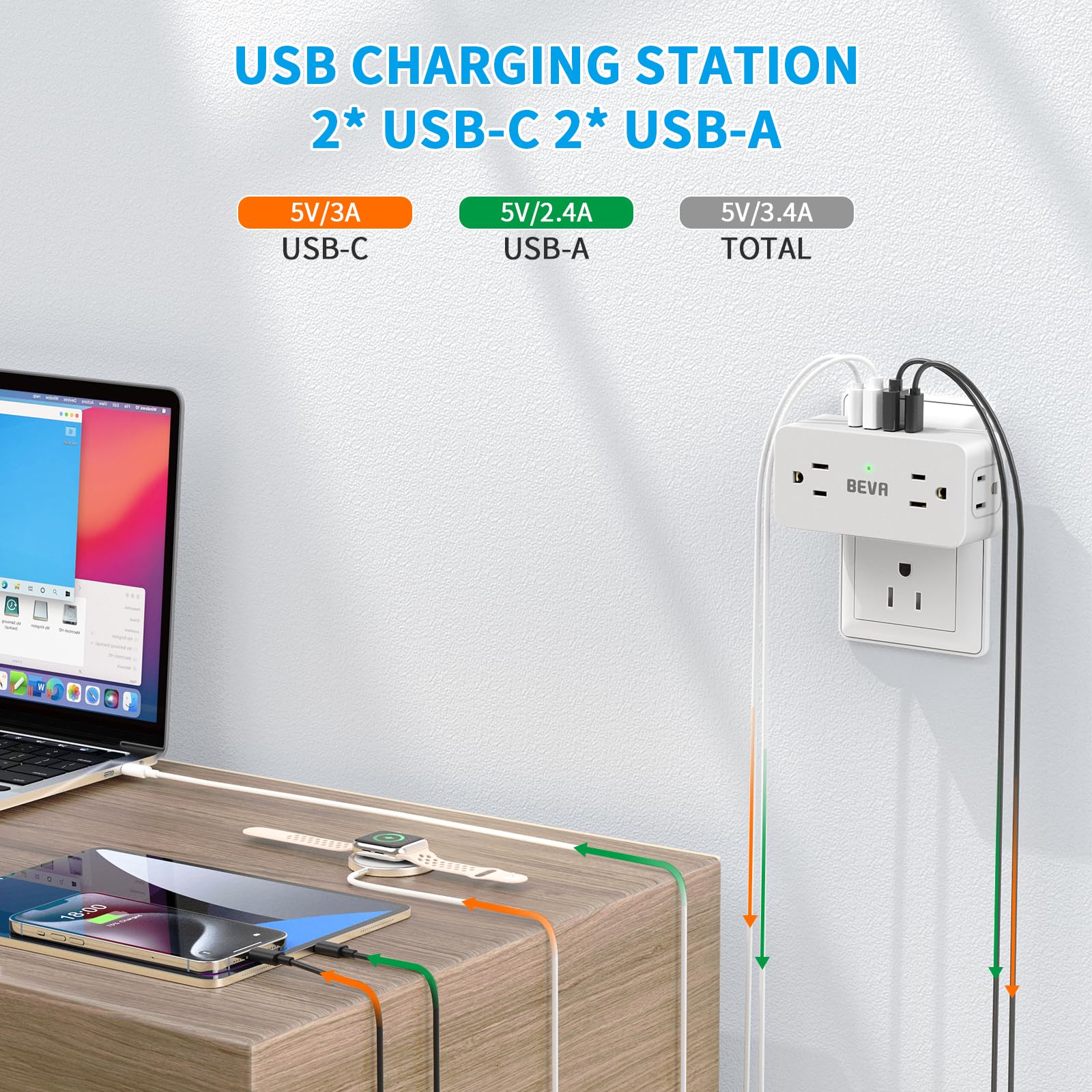 Beva Multi Wall Outlet Extender   With Rotating Plug Adapter, Rotating Outlet Adapter 4Ac And 4 Usb Ports (2 Usb C), Outlet Spli