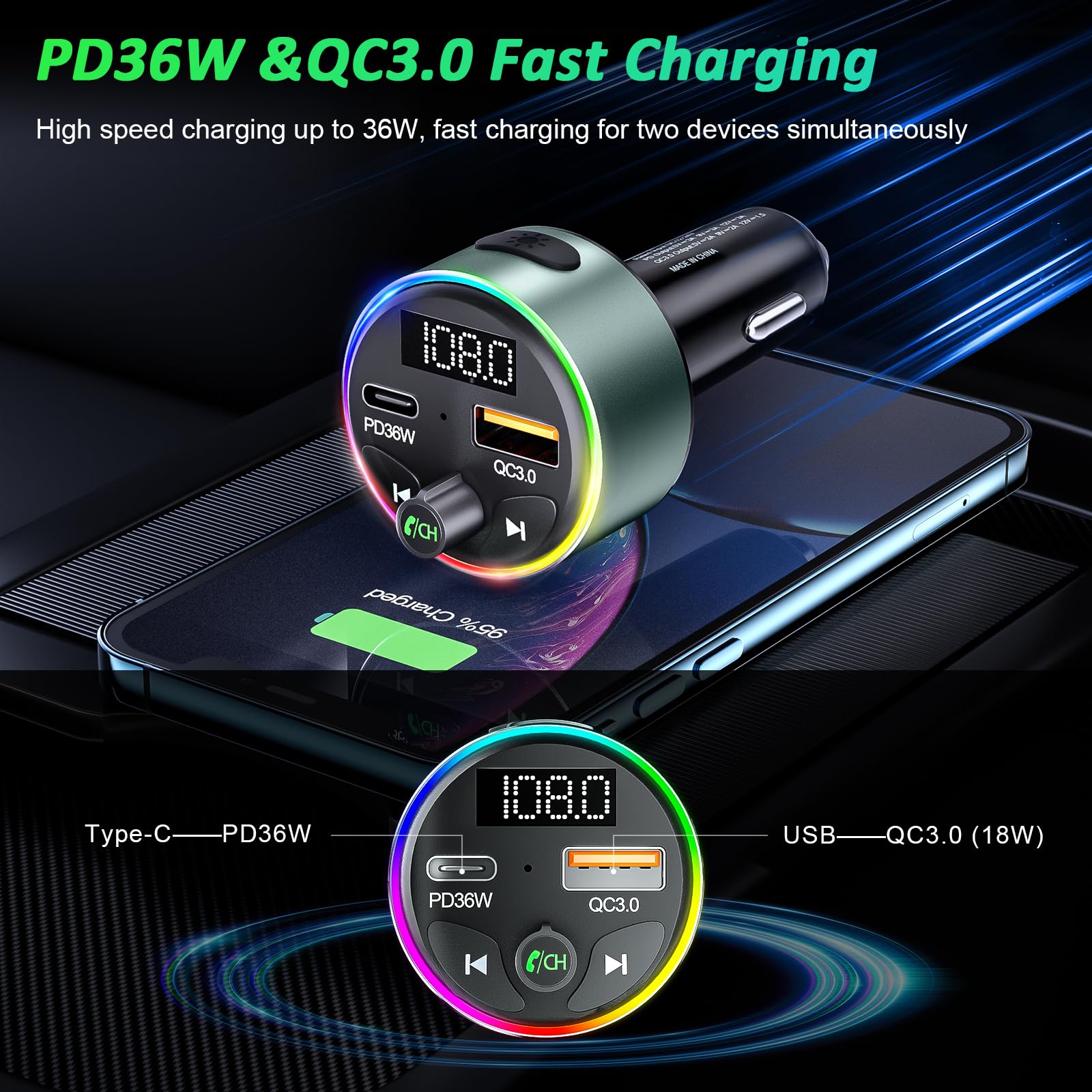 Bluetooth 5.3 Fm Transmitter Car Adapter   Soarun Fast Car Charger 54W [Pd 36W & Qc3.0 18W], Wireless Fm Radio Transmitter, 9 Co